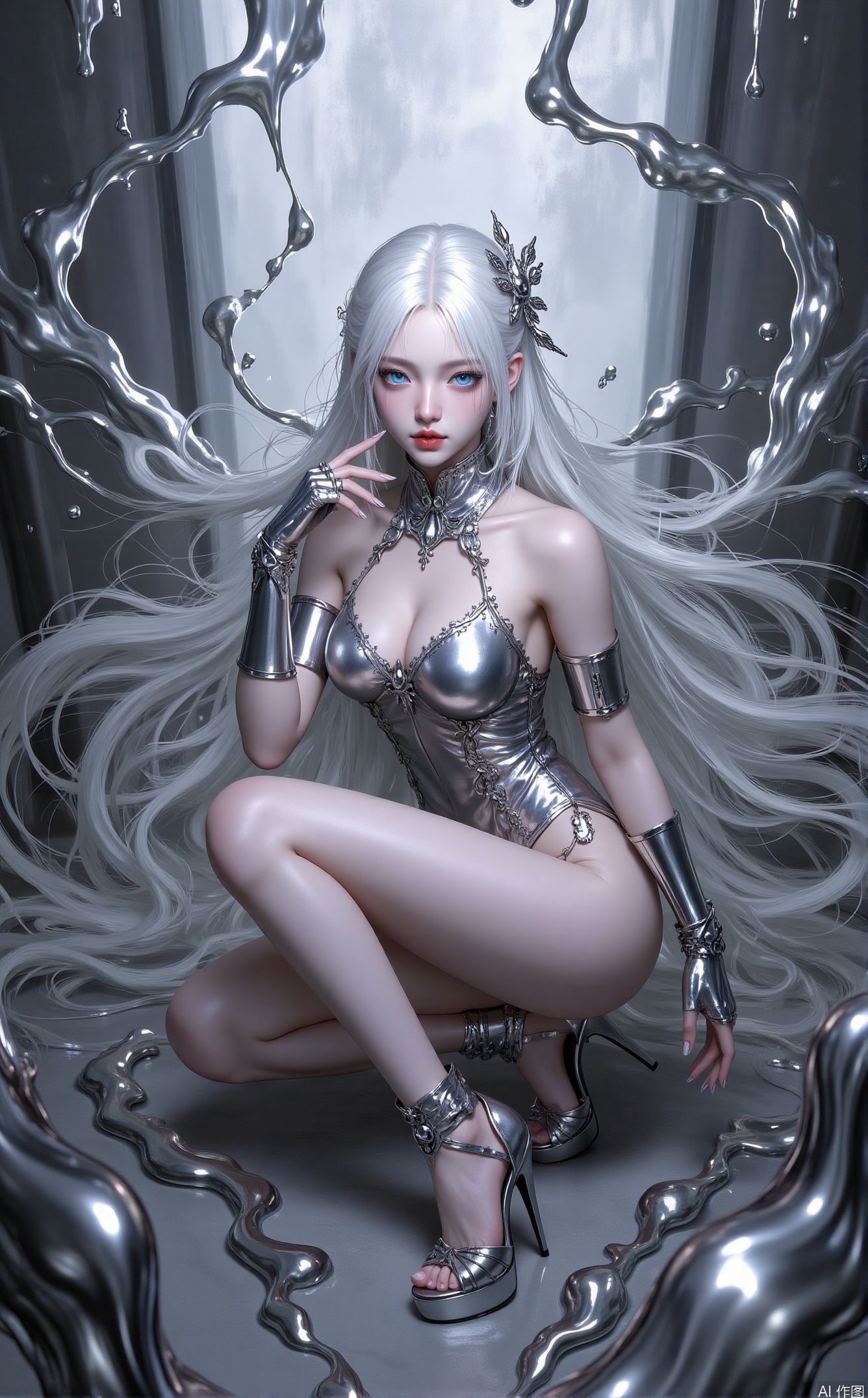 1girl, solo, long hair, breasts, looking at viewer, blue eyes, hair ornament, gloves, cleavage, bare shoulders, jewelry, medium breasts, very long hair, closed mouth, collarbone, full body, white hair, parted lips, hand up, fingerless gloves, high heels, leotard, lips, fingernails, parted bangs, eyelashes, strapless, makeup, thigh strap, watermark, black leotard, armlet, strapless leotard, long fingernails, stairs, realistic, nose, red lips, one knee, mascara,squat