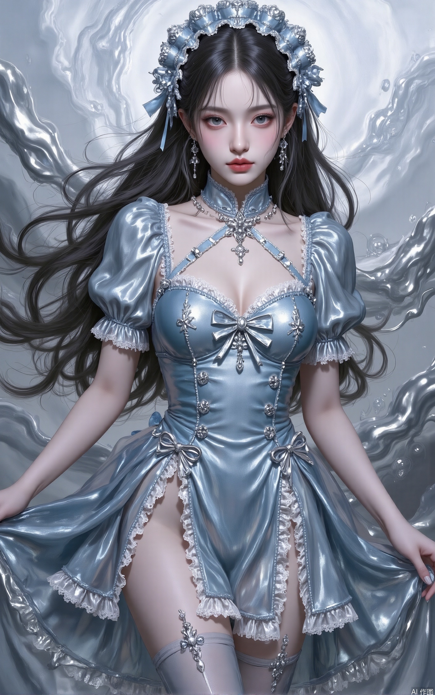 1girl, solo, long hair, black hair, thighhighs, blue dress, jewelry, short sleeves, frills, puffy sleeves, necklace, blurry, lolita fashion, realistic,lolita