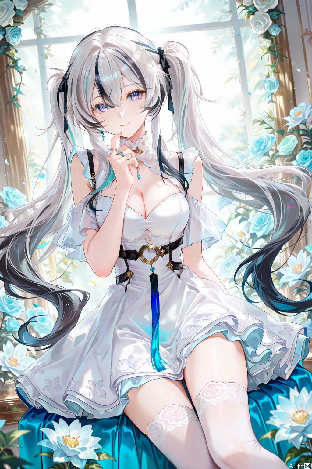 1girl, solo, long hair, breasts, looking at viewer, smile, bangs, blue eyes, black hair, thighhighs, dress, cleavage, hair between eyes, twintails, closed mouth, flower, white hair, grey hair, multicolored hair, white dress, streaked hair, ring