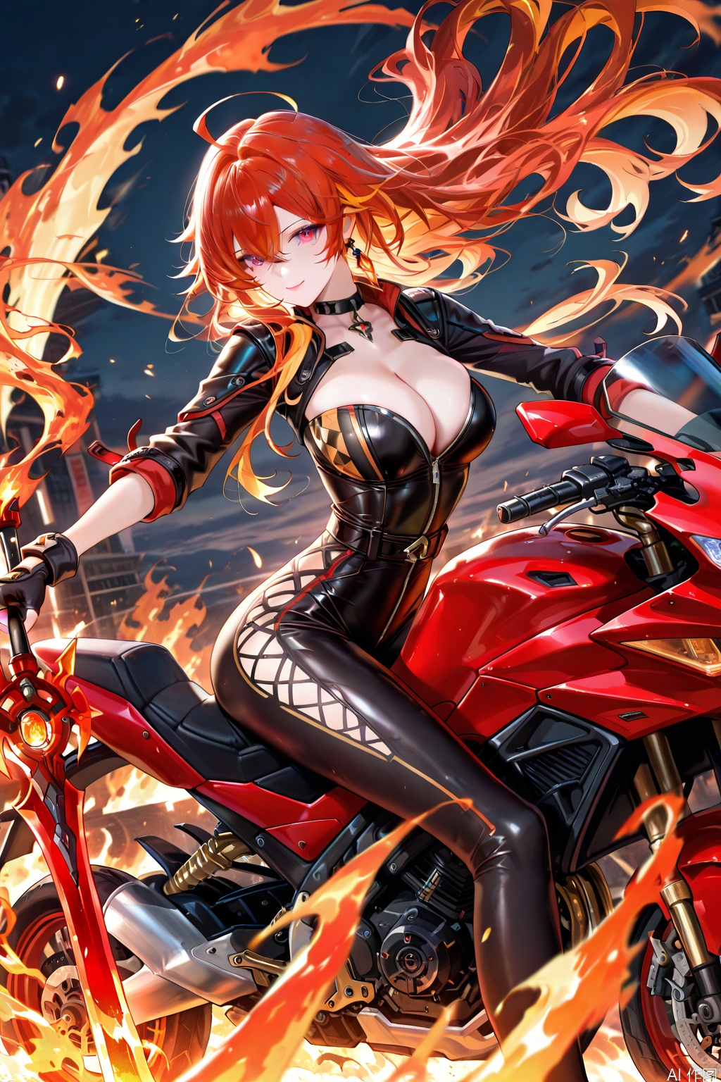 1girl, solo, long hair, breasts, looking at viewer, smile, bangs, large breasts, red eyes, gloves, holding, cleavage, hair between eyes, jewelry, sitting, weapon, ahoge, red hair, multicolored hair, earrings, choker, black gloves, fingerless gloves, holding weapon, orange hair, two-tone hair, bodysuit, floating hair, fire, ground vehicle, motor vehicle, riding, motorcycle