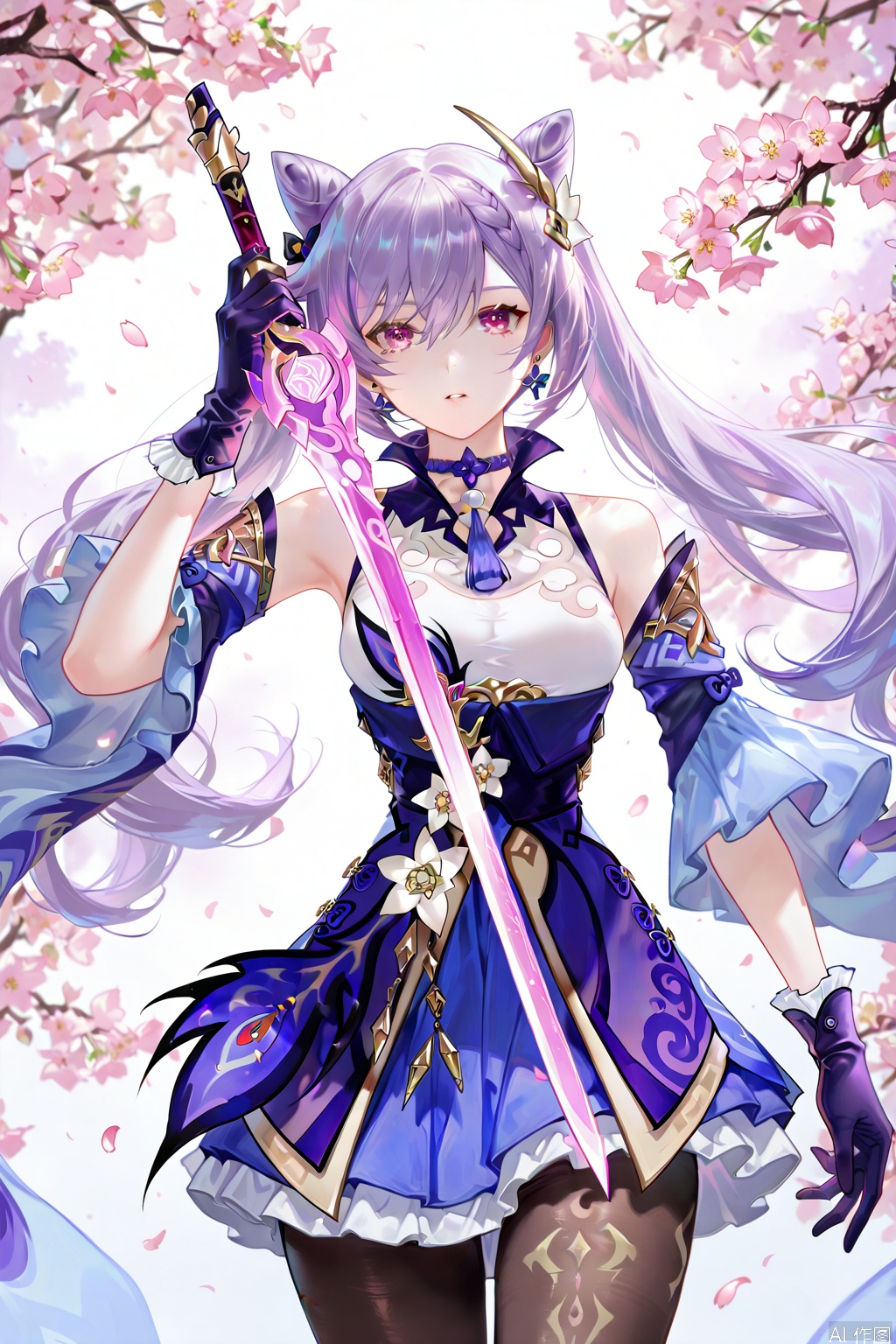 1girl, solo, long hair, breasts, looking at viewer, bangs, skirt, hair ornament, gloves, dress, holding, hair between eyes, bare shoulders, twintails, jewelry, medium breasts, purple eyes, weapon, purple hair, braid, flower, pantyhose, cowboy shot, earrings, outdoors, frills, parted lips, detached sleeves, choker, sword, wide sleeves, hair bun, holding weapon, black pantyhose, petals, double bun, holding sword, frilled dress, frilled skirt, frilled sleeves, cherry blossoms, purple dress, branch, cone hair bun, purple gloves, frilled gloves, neck tassel, keqing \(genshin impact\)