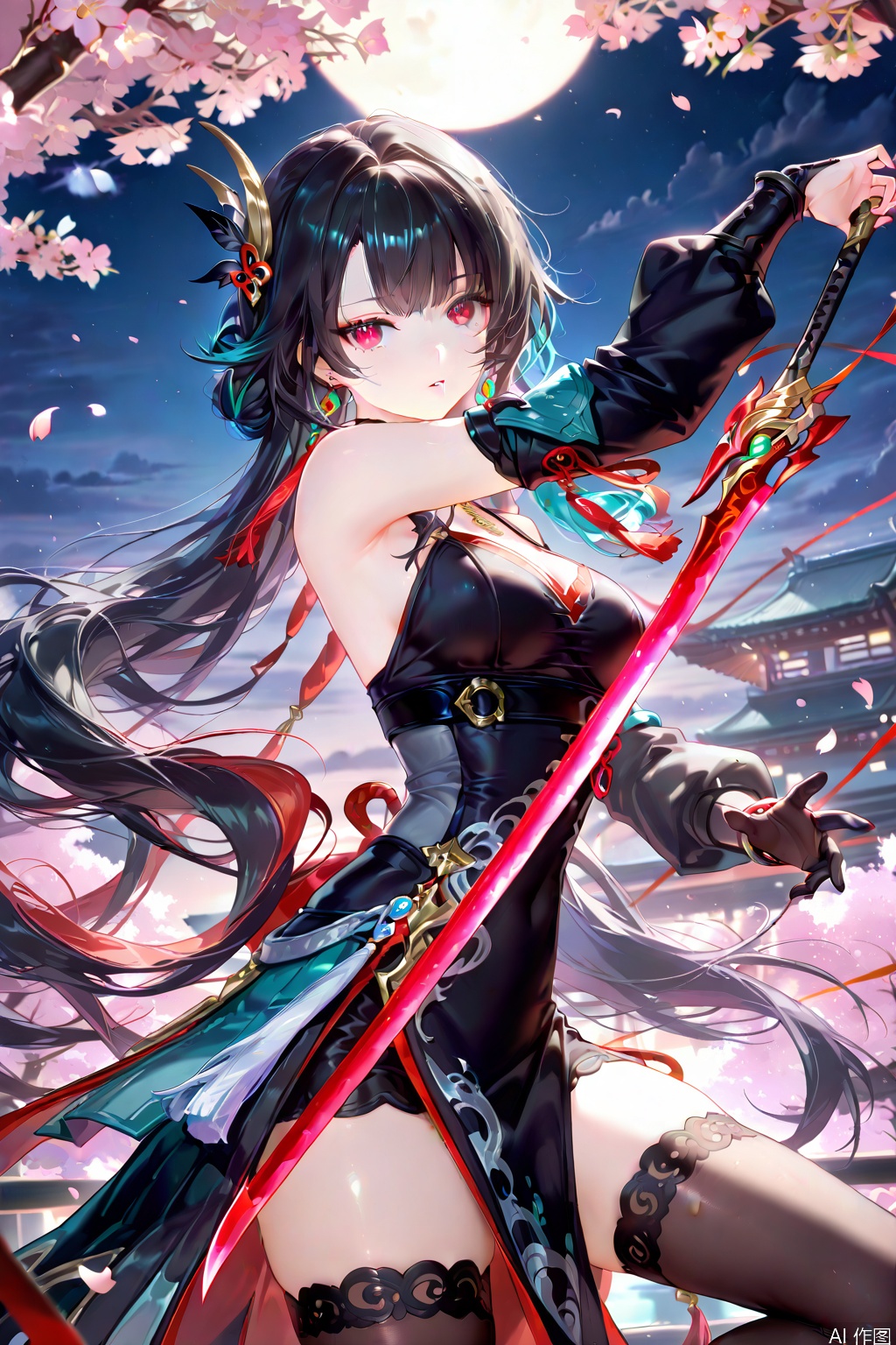 1girl, solo, long hair, looking at viewer, bangs, black hair, hair ornament, red eyes, thighhighs, gloves, dress, holding, bare shoulders, jewelry, weapon, multicolored hair, earrings, outdoors, parted lips, detached sleeves, black gloves, sword, black thighhighs, holding weapon, from side, petals, holding sword, cherry blossoms