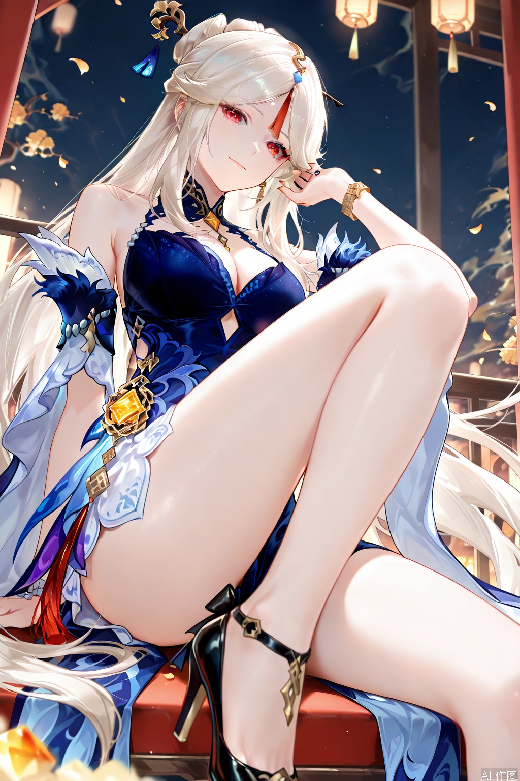 1girl, solo, long hair, breasts, looking at viewer, smile, bangs, large breasts, hair ornament, red eyes, dress, cleavage, bare shoulders, jewelry, sitting, very long hair, closed mouth, white hair, sidelocks, thighs, detached sleeves, hand up, twitter username, nail polish, black footwear, blurry, high heels, bracelet, official alternate costume, parted bangs, fur trim, petals, bare legs, blue dress, gem, tassel, half updo, knee up, vision \(genshin impact\), falling petals, tassel hair ornament, ningguang \(genshin impact\)