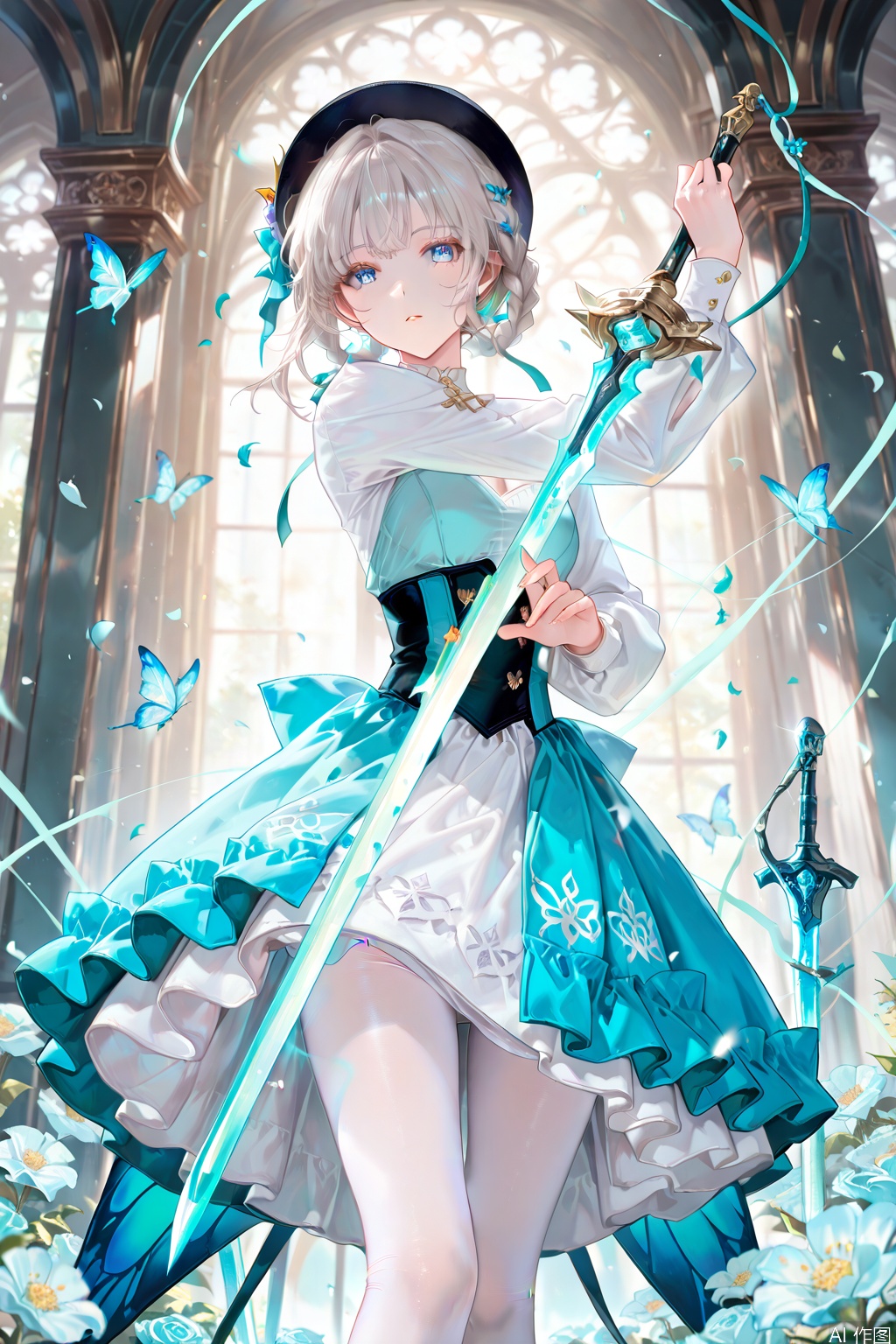 1girl, solo, looking at viewer, bangs, blue eyes, long sleeves, hat, dress, holding, standing, weapon, braid, flower, pantyhose, sword, holding weapon, petals, holding sword, bug, butterfly, white pantyhose