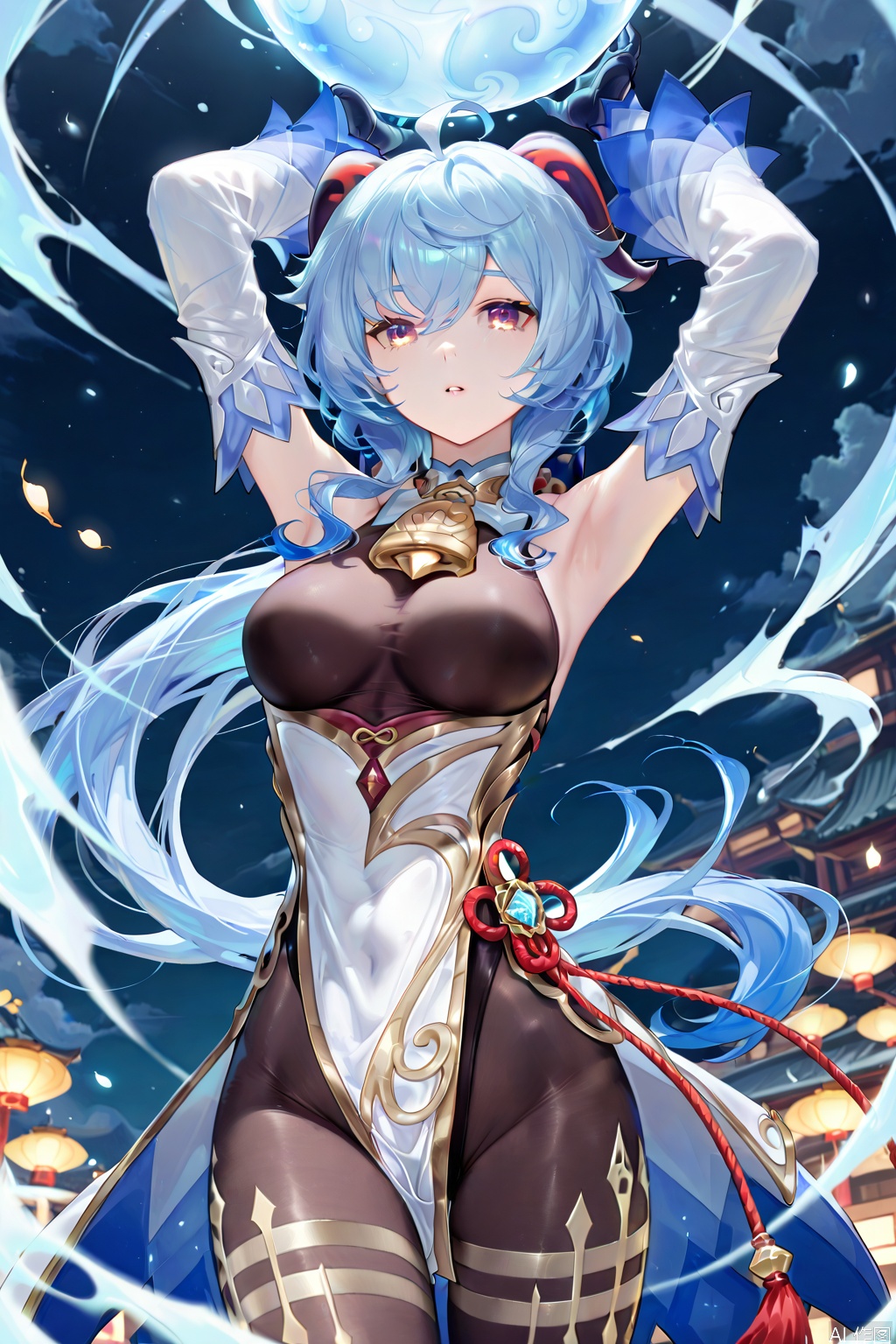 1girl, solo, long hair, breasts, looking at viewer, bangs, large breasts, gloves, bare shoulders, medium breasts, blue hair, standing, purple eyes, ahoge, pantyhose, sidelocks, thighs, cowboy shot, parted lips, detached sleeves, horns, black gloves, armpits, arms up, leotard, groin, black pantyhose, bell, wind, tassel, black leotard, pelvic curtain, neck bell, white sleeves, gold trim, vision \(genshin impact\), bodystocking, thighlet, cowbell, goat horns, waist cape, orb, leotard under clothes, flower knot, chinese knot, ganyu \(genshin impact\)