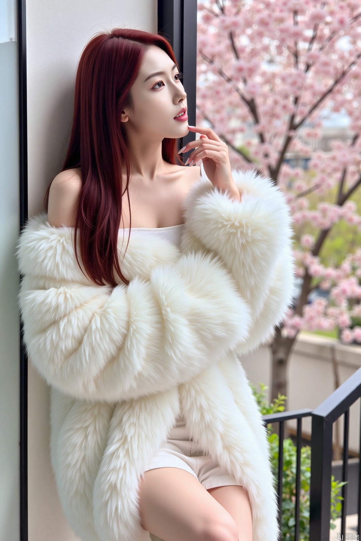 plns,xkj,solo,realistic, window, Woman with red hair and a slim figure. She wears a unique white furry coat that exudes elegance. Naturally standing by the window, with blooming cherry blossoms in the background, creating a spring atmosphere, appearing fresh and refined..taken with a Fujifilm X-T4 camera, aperture f/2.5. The color tone is magnificent, with a glare effect added.