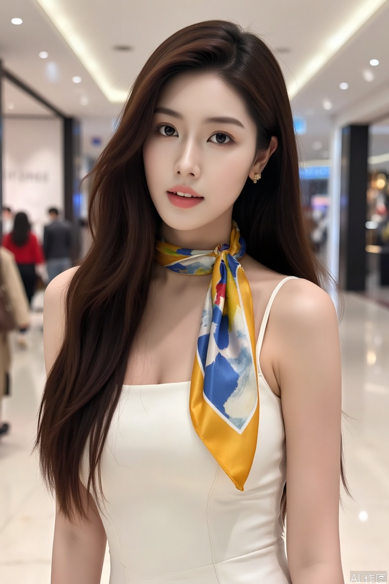 A Chinese beauty with long,black eyes, flowing, pitch-black and lustrous hair, had a colorful and elegantly textured silk scarf draped around her neck, adding a touch of tenderness and charm to her attire. She was wearing a simple white, luxurious sleeveless dress, her figure slim and her skin fair as snow. Standing in an upscale shopping mall in Seoul, she fully displayed the elegance and style of a modern urban woman., taken with a Fujifilm X-T4 camera, aperture f/2.5. The color tone is magnificent, with a glare effect added.plns,xkj