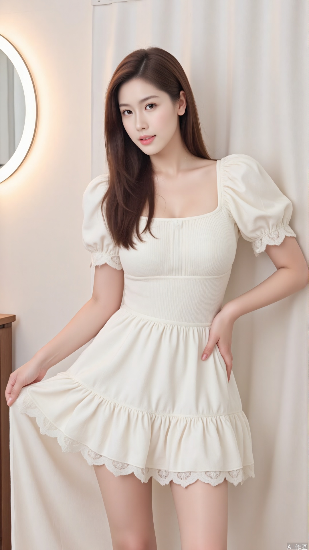 In the Douyin live - streaming room, a female internet celebrity from Xiaohongshu, with a small face, willow eyebrows, and apricot eyes, is wearing a white puffy - sleeved dress with lace trim on the hem and flesh-colored pantyhose. She stands with one hand on her skirt and her body slightly turned to one side. Behind her is a simple white backdrop and a soft ring light. The overall style is fresh and natural. It was shot with an iPhone 14 Pro Max, with the aperture, shutter speed, and ISO all set to automatic. The color tone is fresh and bright, with a slight filter and a dreamy halo effect.
