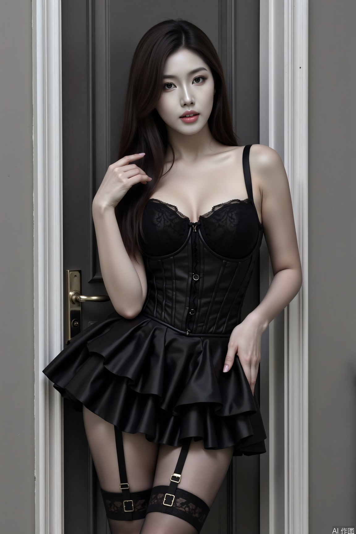 The woman is wearing a black corset top and a matching black skirt with lace trim. She has on black stockings with garter belts attached. She is standing next to a door, with one hand resting on her hip. The overall scene is in black and white, giving it a classic and elegant look.taken with a Fujifilm X-T4 camera, aperture f/2.5. The color tone is magnificent, with a glare effect added.