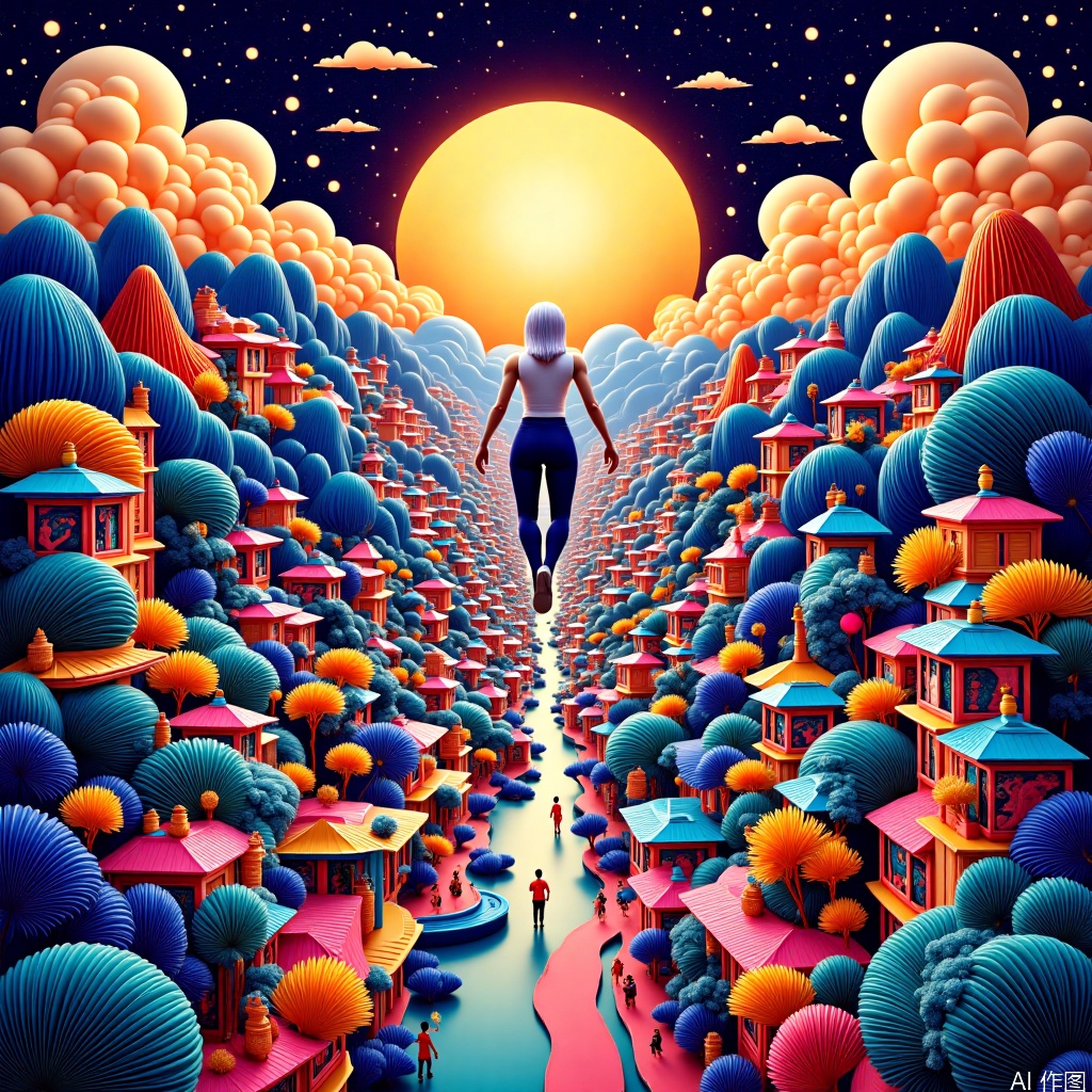  Masterpiece, best quality, epic scenes, impactful visuals, (sunset:1.2),beautiful angels falling from the sky,white hair and blue eyes, robot cyborg full body, swoops down from the sky, lace patterns,white machinery wings, stretched shapes, holy light surround, depth of field, sense of space, vivid colors, surreal themes, ethereal feelings, pressure, dramatic composition, cinematic light and shadow, Diving down over the village dotted with chinese new year elements ,crowd,fractal art, HDR, UHD, lineart style, TIANQIJI,inset