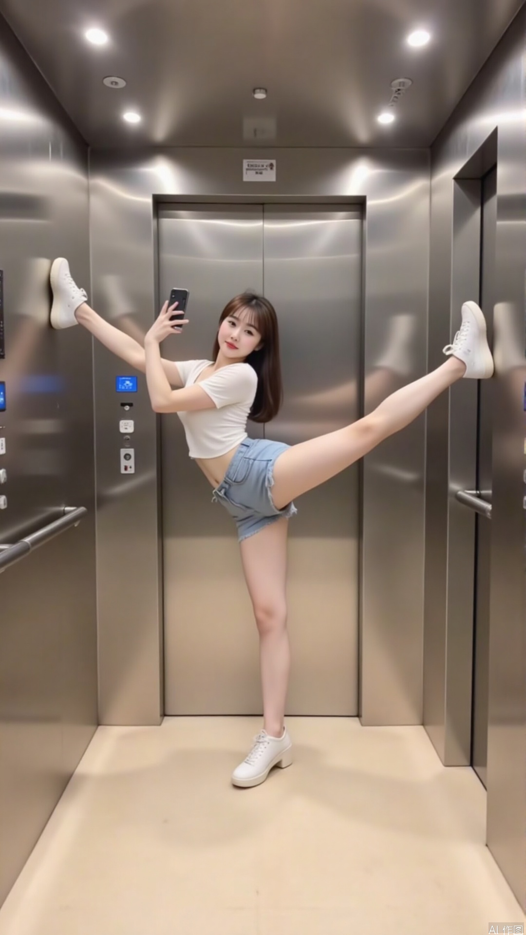 yizima,yizima. This is a high-resolution photograph taken inside an elevator with a polished,metallic finish. The subject is a young woman with fair skin,straight brown hair,and a slender physique. She is performing a dynamic,mid-air pose with one leg extended straight up and the other bent at the knee,creating a V-shape. She is wearing a white crop top that reveals her midriff and a pair of light blue denim shorts. Her footwear consists of white sneakers. She holds a smartphone in her right hand,which she appears to be using to take a selfie. The elevator's interior is sleek and modern,with a beige floor and walls,and a ceiling lined with recessed lighting. There are two large stainless steel elevator doors on either side,each equipped with a blue emergency button. The image captures a sense of playful defiance and creativity,with the woman's pose and the elevator's minimalist design complementing each other.,