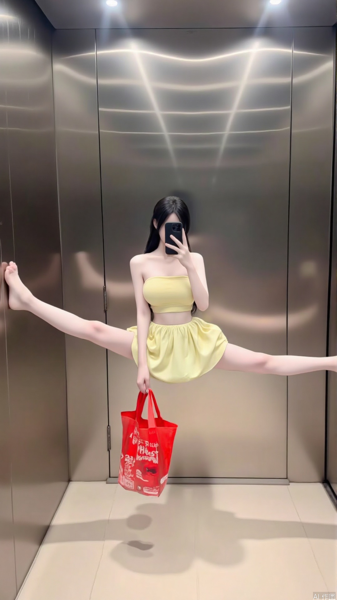 Ponytail, doing cheating, Tez, image shows a young woman in the elevator. She was wearing a yellow strapless top and a yellow skirt. She has long black hair and holds a red shopping bag in her right hand. Her left leg was stretched in front of her and was taking selfies with her cell phone. The doors of the elevator are stainless steel and the floors are tiled.