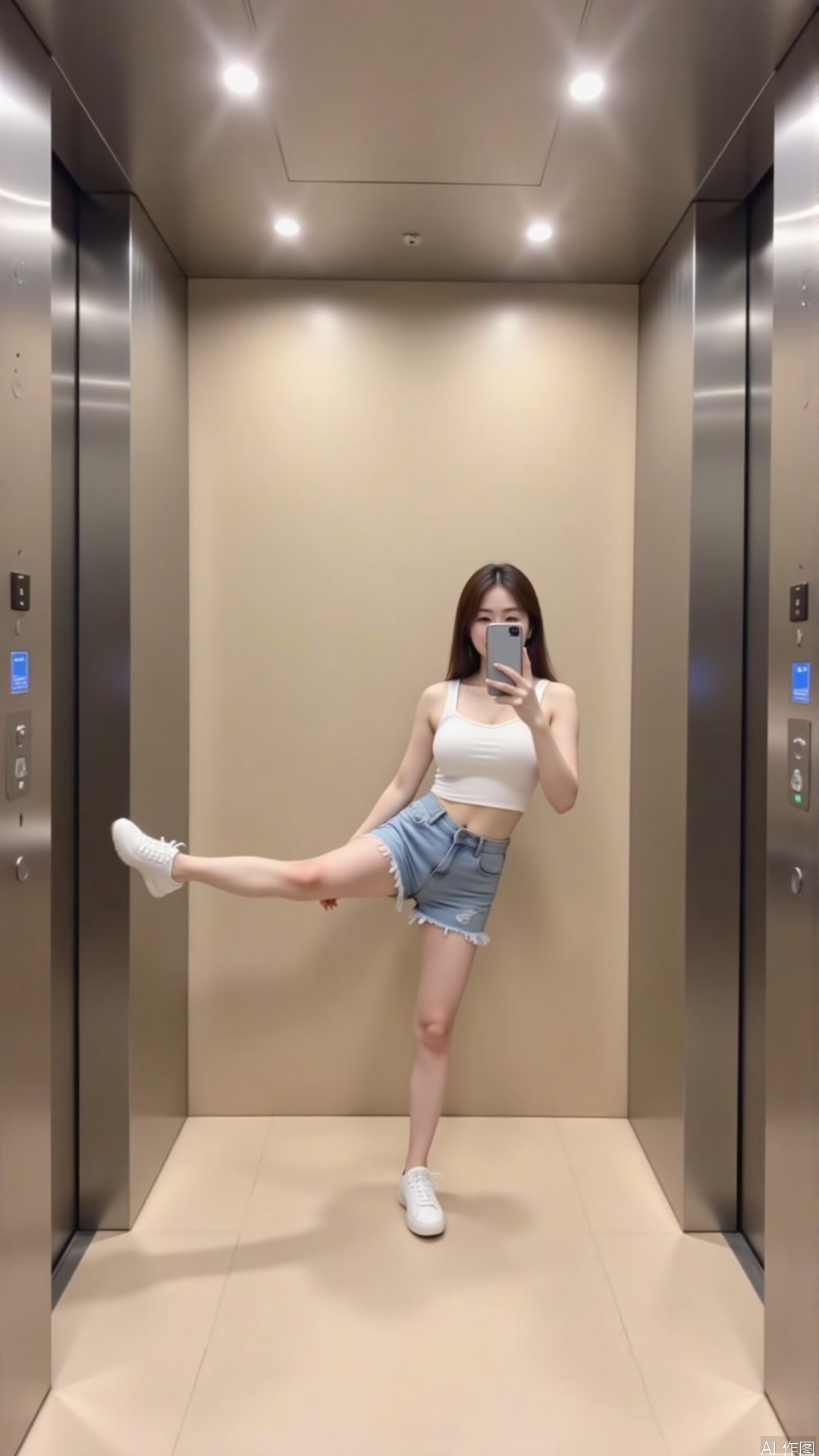 yizima,yizima. This is a high-resolution photograph taken inside an elevator with a polished,metallic finish. The subject is a young woman with fair skin,straight brown hair,and a slender physique. She is performing a dynamic,mid-air pose with one leg extended straight up and the other bent at the knee,creating a V-shape. She is wearing a white crop top that reveals her midriff and a pair of light blue denim shorts. Her footwear consists of white sneakers. She holds a smartphone in her right hand,which she appears to be using to take a selfie. The elevator's interior is sleek and modern,with a beige floor and walls,and a ceiling lined with recessed lighting. There are two large stainless steel elevator doors on either side,each equipped with a blue emergency button. The image captures a sense of playful defiance and creativity,with the woman's pose and the elevator's minimalist design complementing each other.,