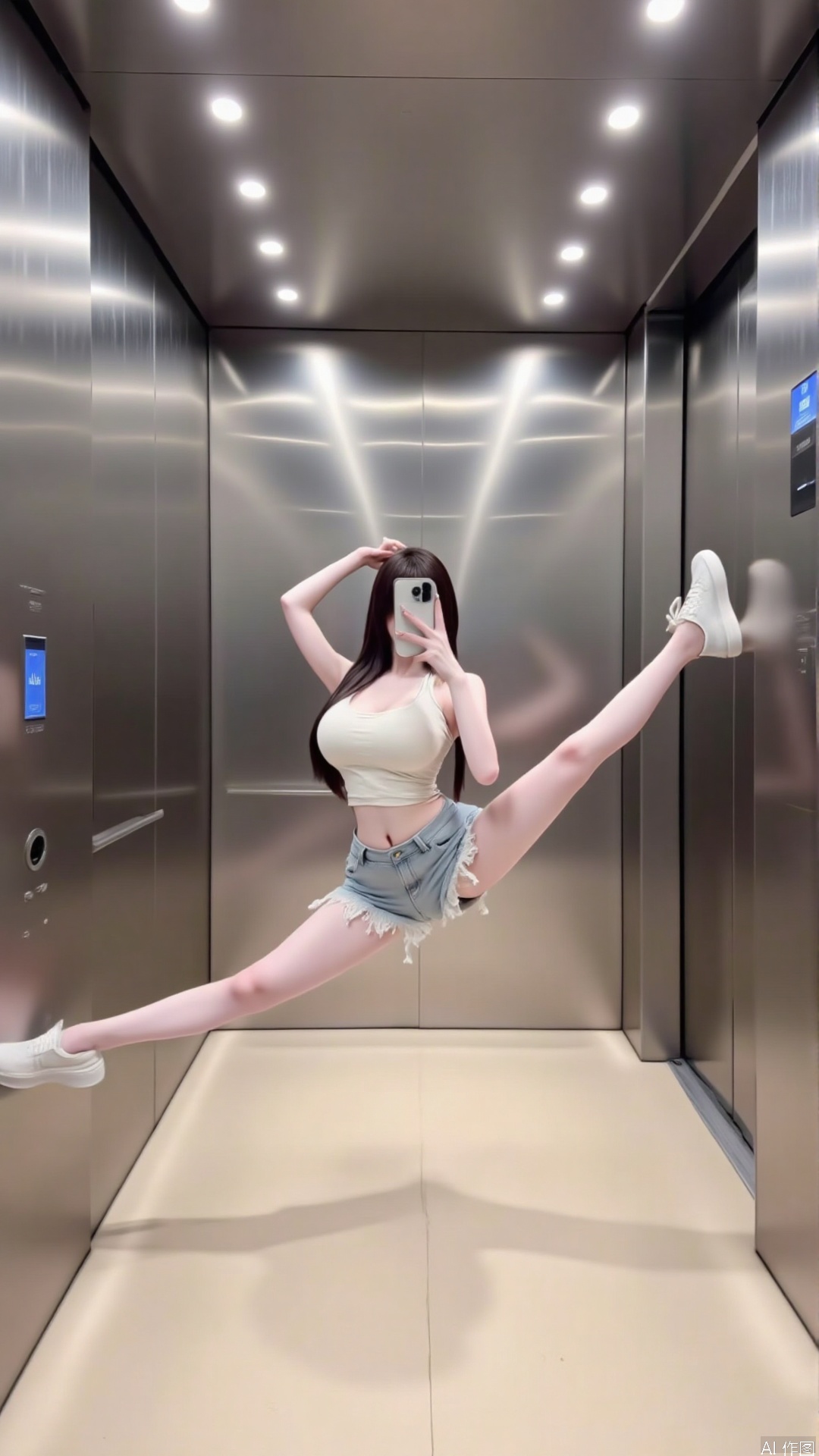 This is a high-resolution photograph taken inside an elevator with a polished, metallic finish. The subject is a young woman with fair skin, straight brown hair, and a slender physique. She is performing a dynamic, mid-air pose with one leg extended straight up and the other bent at the knee, creating a V-shape. She is wearing a white crop top that reveals her midriff and a pair of light blue denim shorts. Her footwear consists of white sneakers. She holds a smartphone in her right hand, which she appears to be using to take a selfie. The elevator's interior is sleek and modern, with a beige floor and walls, and a ceiling lined with recessed lighting. There are two large stainless steel elevator doors on either side, each equipped with a blue emergency button. The image captures a sense of playful defiance and creativity, with the woman's pose and the elevator's minimalist design complementing each other.