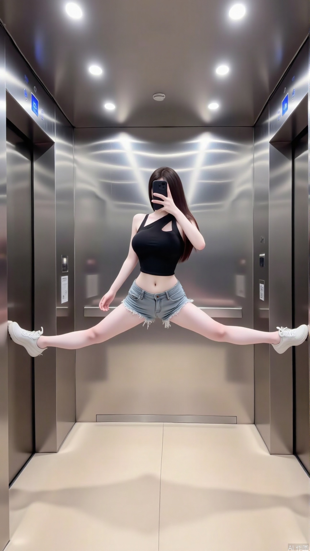 The image shows a young woman standing in an elevator with her arms stretched out in front of her. She is wearing a black crop top, denim shorts, and white sneakers. Her hair is styled in loose waves and she is holding a phone in her hand. The elevator doors are silver and have blue buttons on them. The floor is tiled and there are recessed lighting on the ceiling. The woman appears to be taking a selfie with her phone.