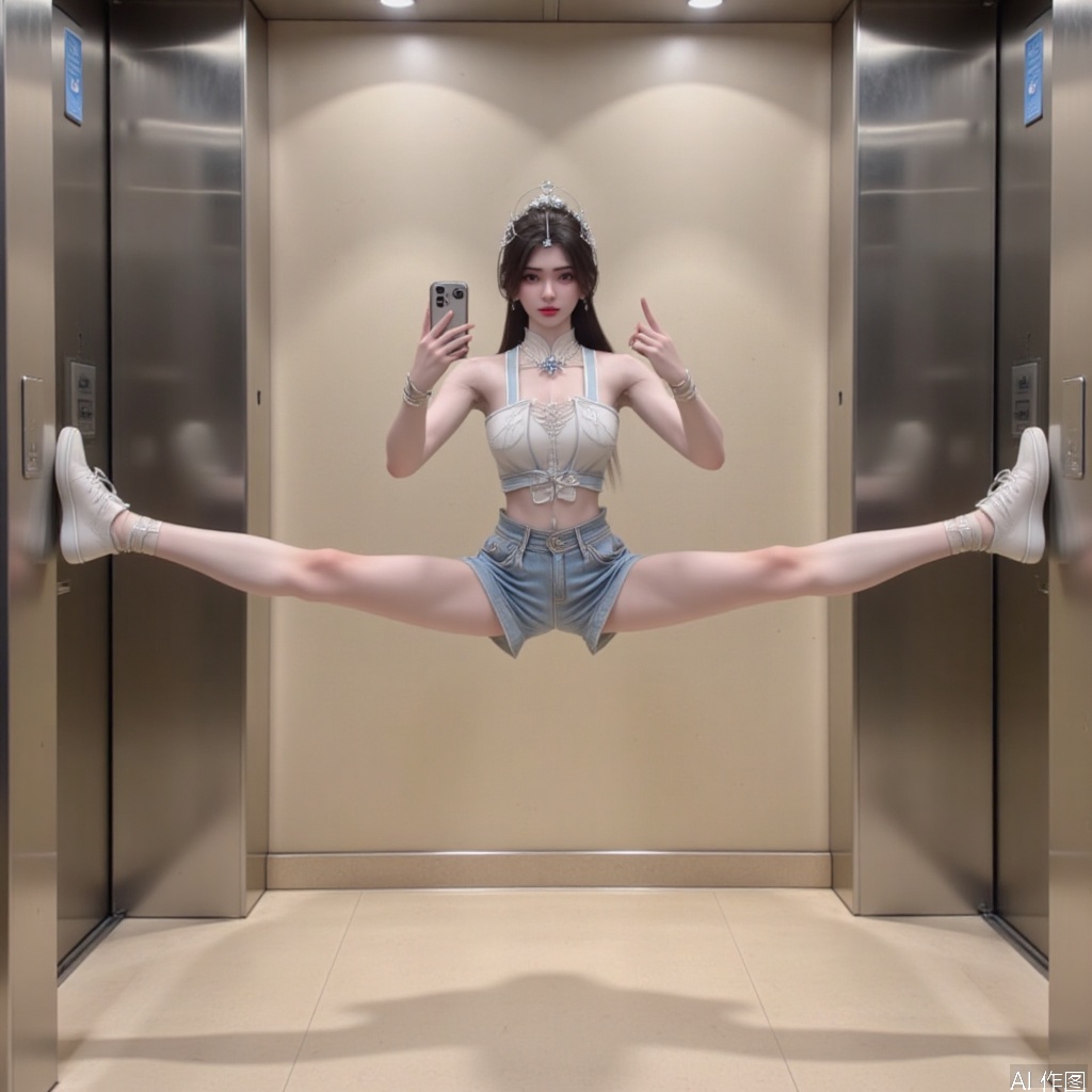 yizima,yizima. This is a high-resolution photograph taken inside an elevator with a polished,metallic finish. The subject is a young woman with fair skin,straight brown hair,and a slender physique. She is performing a dynamic,mid-air pose with one leg extended straight up and the other bent at the knee,creating a V-shape. She is wearing a white crop top that reveals her midriff and a pair of light blue denim shorts. Her footwear consists of white sneakers. She holds a smartphone in her right hand,which she appears to be using to take a selfie. The elevator's interior is sleek and modern,with a beige floor and walls,and a ceiling lined with recessed lighting. There are two large stainless steel elevator doors on either side,each equipped with a blue emergency button. The image captures a sense of playful defiance and creativity,with the woman's pose and the elevator's minimalist design complementing each other.,
