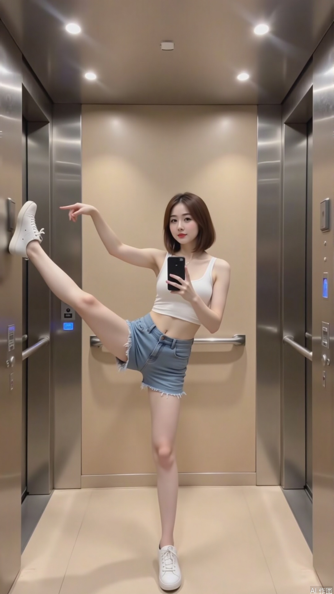 yizima,yizima. This is a high-resolution photograph taken inside an elevator with a polished,metallic finish. The subject is a young woman with fair skin,straight brown hair,and a slender physique. She is performing a dynamic,mid-air pose with one leg extended straight up and the other bent at the knee,creating a V-shape. She is wearing a white crop top that reveals her midriff and a pair of light blue denim shorts. Her footwear consists of white sneakers. She holds a smartphone in her right hand,which she appears to be using to take a selfie. The elevator's interior is sleek and modern,with a beige floor and walls,and a ceiling lined with recessed lighting. There are two large stainless steel elevator doors on either side,each equipped with a blue emergency button. The image captures a sense of playful defiance and creativity,with the woman's pose and the elevator's minimalist design complementing each other.,