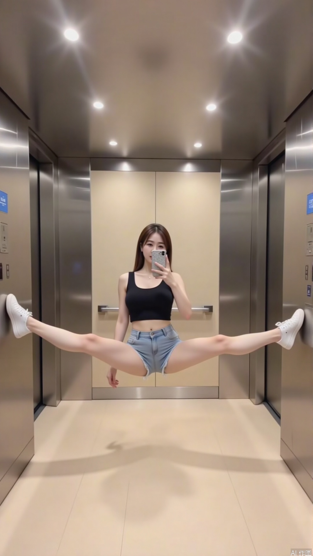"This is a high-resolution photo taken in an elevator with polished metal decor. The subject is a young woman with fair skin, straight brown hair, slim figure. She is in a dynamic aerial position with one leg stretching straight up and the other bent to her knees to form a V-shaped shape. She is wearing a black navel-open top and light blue denim shorts. Her shoes are white sneakers. She holds a smartphone in her right hand and seems to be taking selfies with it. The elevator interior is stylish and modern, with beige in the floor and walls and recessed light fixtures on the ceiling. There are two large stainless steel elevator doors on each side, each with a blue emergency button. The photo captures a playful, rebellious and creative feeling, and the woman's pose complements the simple design of the elevator."