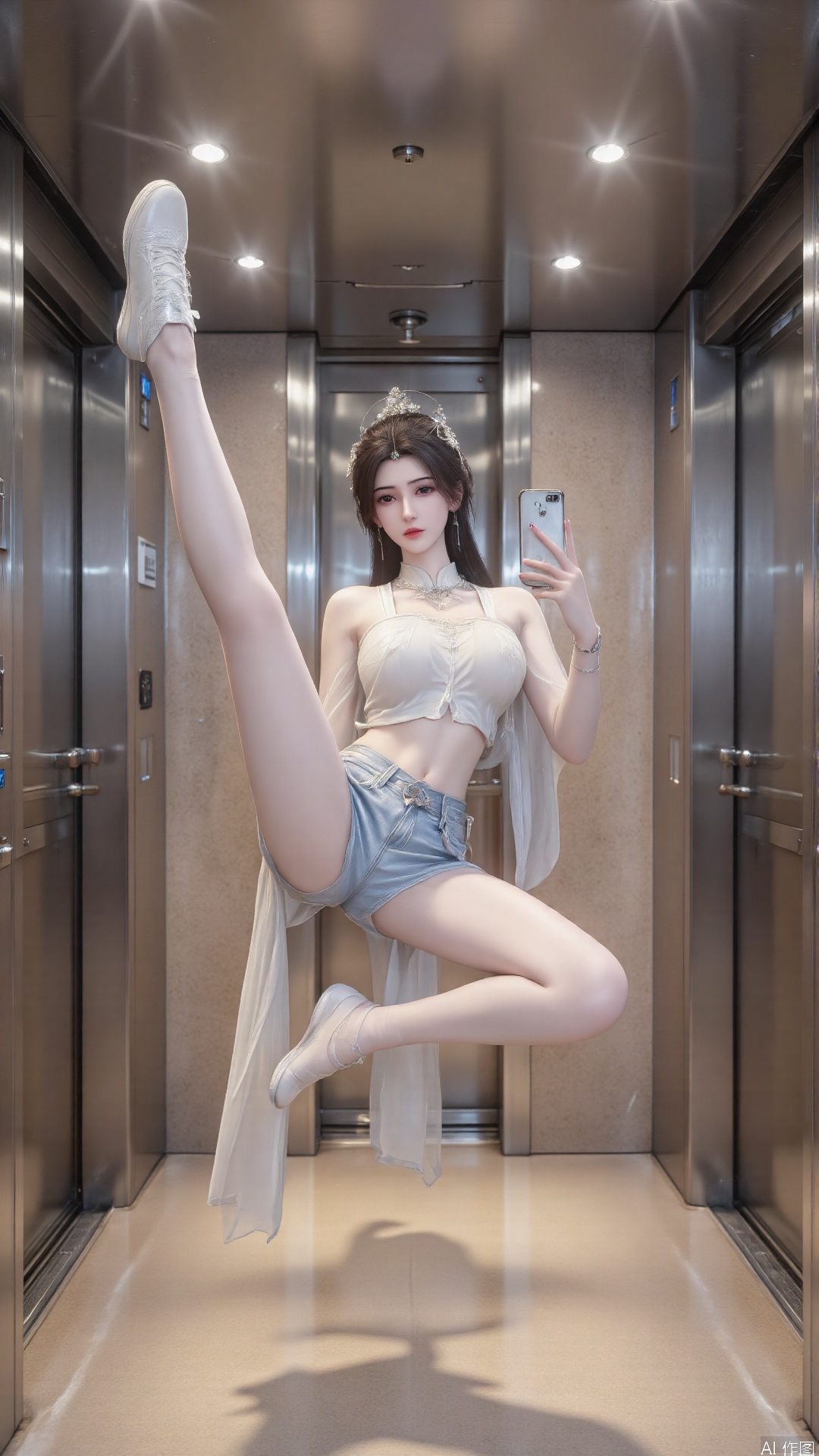 yizima,yizima. This is a high-resolution photograph taken inside an elevator with a polished,metallic finish. The subject is a young woman with fair skin,straight brown hair,and a slender physique. She is performing a dynamic,mid-air pose with one leg extended straight up and the other bent at the knee,creating a V-shape. She is wearing a white crop top that reveals her midriff and a pair of light blue denim shorts. Her footwear consists of white sneakers. She holds a smartphone in her right hand,which she appears to be using to take a selfie. The elevator's interior is sleek and modern,with a beige floor and walls,and a ceiling lined with recessed lighting. There are two large stainless steel elevator doors on either side,each equipped with a blue emergency button. The image captures a sense of playful defiance and creativity,with the woman's pose and the elevator's minimalist design complementing each other.,
