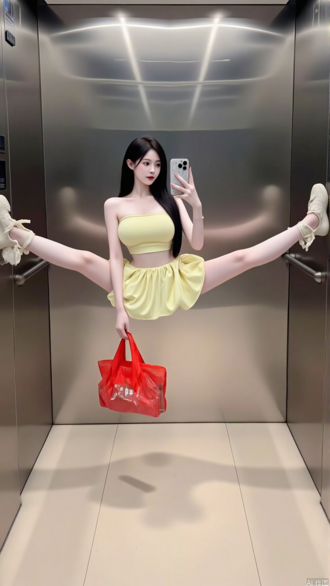 Ponytail, doing cheating, Tez, image shows a young woman in the elevator. She was wearing a yellow strapless top and a yellow skirt. She has long black hair and holds a red shopping bag in her right hand. Her left leg was stretched in front of her and was taking selfies with her cell phone. The doors of the elevator are stainless steel and the floors are tiled.