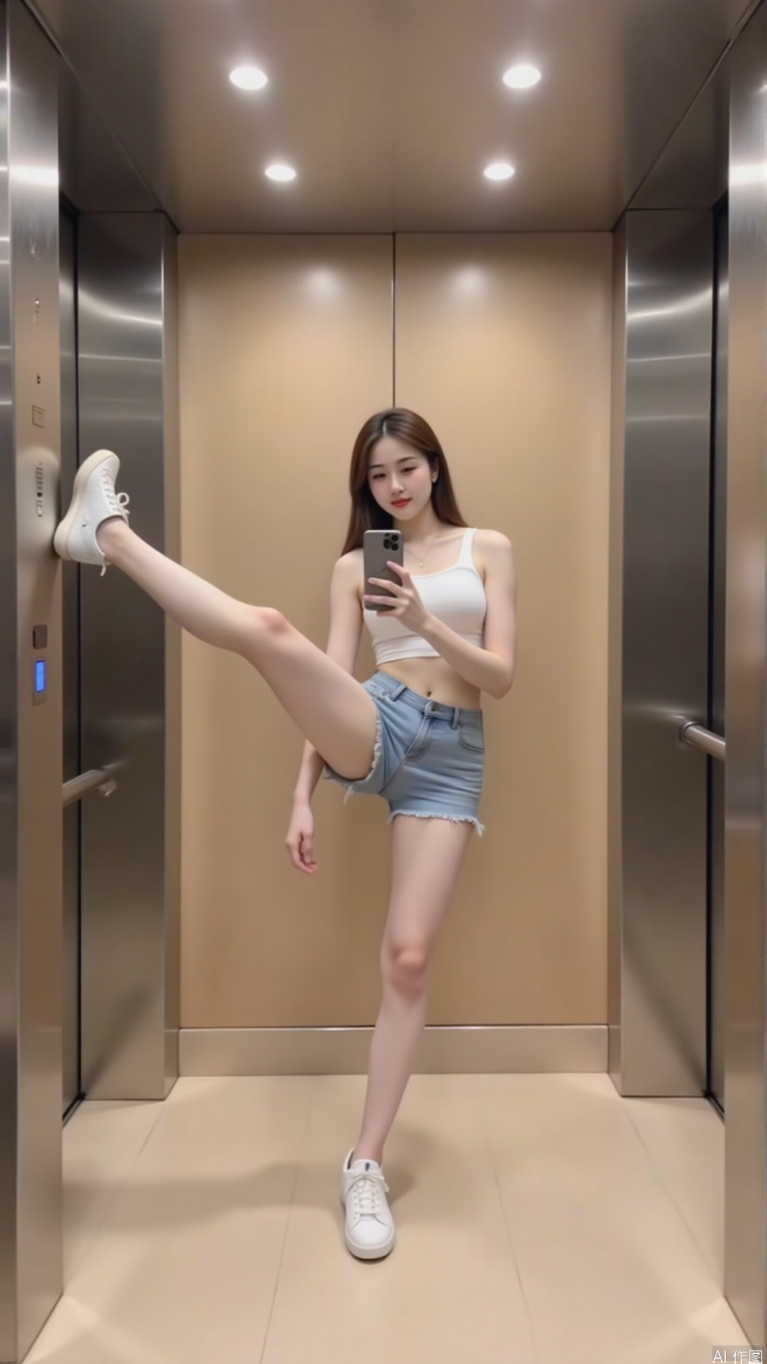 yizima,yizima. This is a high-resolution photograph taken inside an elevator with a polished,metallic finish. The subject is a young woman with fair skin,straight brown hair,and a slender physique. She is performing a dynamic,mid-air pose with one leg extended straight up and the other bent at the knee,creating a V-shape. She is wearing a white crop top that reveals her midriff and a pair of light blue denim shorts. Her footwear consists of white sneakers. She holds a smartphone in her right hand,which she appears to be using to take a selfie. The elevator's interior is sleek and modern,with a beige floor and walls,and a ceiling lined with recessed lighting. There are two large stainless steel elevator doors on either side,each equipped with a blue emergency button. The image captures a sense of playful defiance and creativity,with the woman's pose and the elevator's minimalist design complementing each other.,