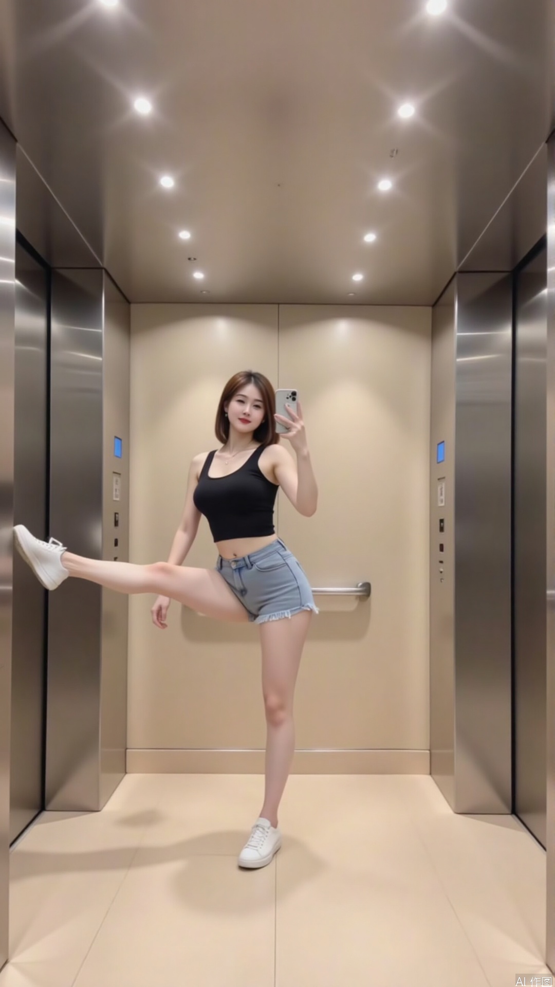 "This is a high-resolution photo taken in an elevator with polished metal decor. The subject is a young woman with fair skin, straight brown hair, slim figure. She is in a dynamic aerial position with one leg stretching straight up and the other bent to her knees to form a V-shaped shape. She is wearing a black navel-open top and light blue denim shorts. Her shoes are white sneakers. She holds a smartphone in her right hand and seems to be taking selfies with it. The elevator interior is stylish and modern, with beige in the floor and walls and recessed light fixtures on the ceiling. There are two large stainless steel elevator doors on each side, each with a blue emergency button. The photo captures a playful, rebellious and creative feeling, and the woman's pose complements the simple design of the elevator."