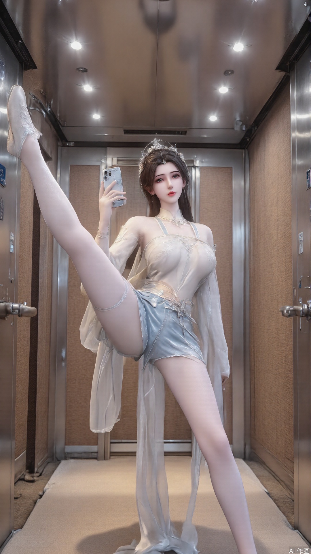 yizima,yizima. This is a high-resolution photograph taken inside an elevator with a polished,metallic finish. The subject is a young woman with fair skin,straight brown hair,and a slender physique. She is performing a dynamic,mid-air pose with one leg extended straight up and the other bent at the knee,creating a V-shape. She is wearing a white crop top that reveals her midriff and a pair of light blue denim shorts. Her footwear consists of white sneakers. She holds a smartphone in her right hand,which she appears to be using to take a selfie. The elevator's interior is sleek and modern,with a beige floor and walls,and a ceiling lined with recessed lighting. There are two large stainless steel elevator doors on either side,each equipped with a blue emergency button. The image captures a sense of playful defiance and creativity,with the woman's pose and the elevator's minimalist design complementing each other.,
