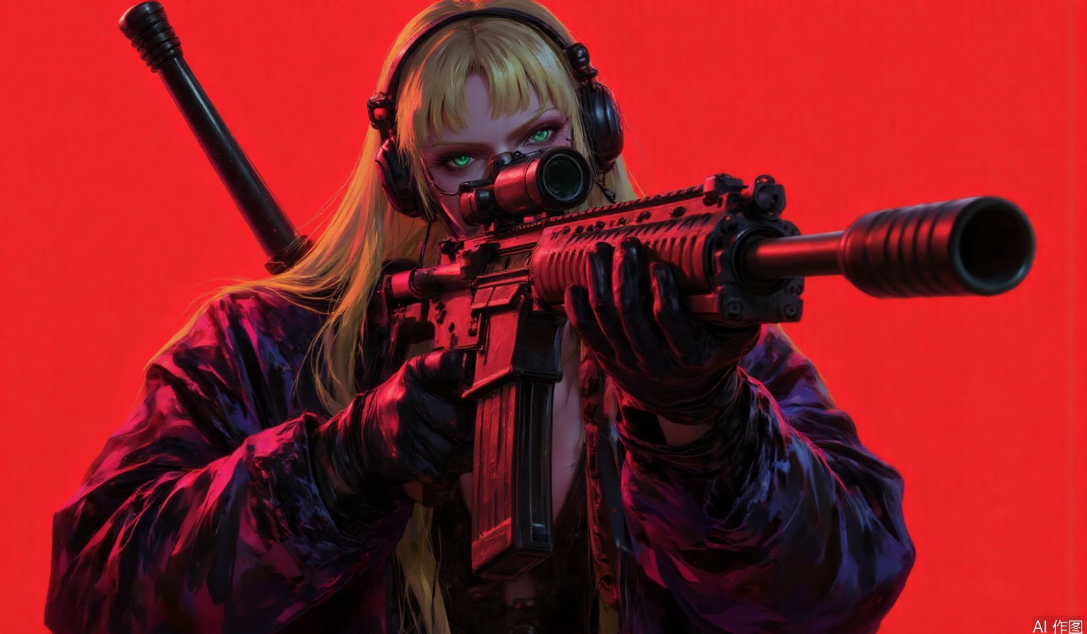  High Contrast, Black & Red, A girl shoots with an AWM sniper rifle, , full body, thick body, long blond hair, green eyes, (holding a weapon, holding a rifle, aiming, aiming, firing, shooting:1.4), gun, high heeled boots, (wide angle view:1.4) tactical headset, black silk gloves, alien planet, desert, tactical glasses

depth of field,light particles,lens flare,(artist:quasarcake:0.8),extreme aesthetic,(wlop:0.6),wanke,rella,wanke,masterpiece,best quality,good quality,newest,year 2024,year 2023,very aesthetic,absurdres,Visual impact,Electromotive force,perspective composition,A shot with tension,ultra-high resolution,32K UHD,sharp focus,best quality,masterpiece,Emotionalization masterpiece,unconventional supreme,masterful details,with a high end texture,in the style of fashion photography,(Visual impact:1.2),giving the poster a dynamic and visually striking appearance,impactful picture,offcial art,colorful,splash of color,movie perspective,masterpiece,best quality,amazing quality,very aesthetic,absurdres,best quality,newest,masterpiece,best quality,good quality,