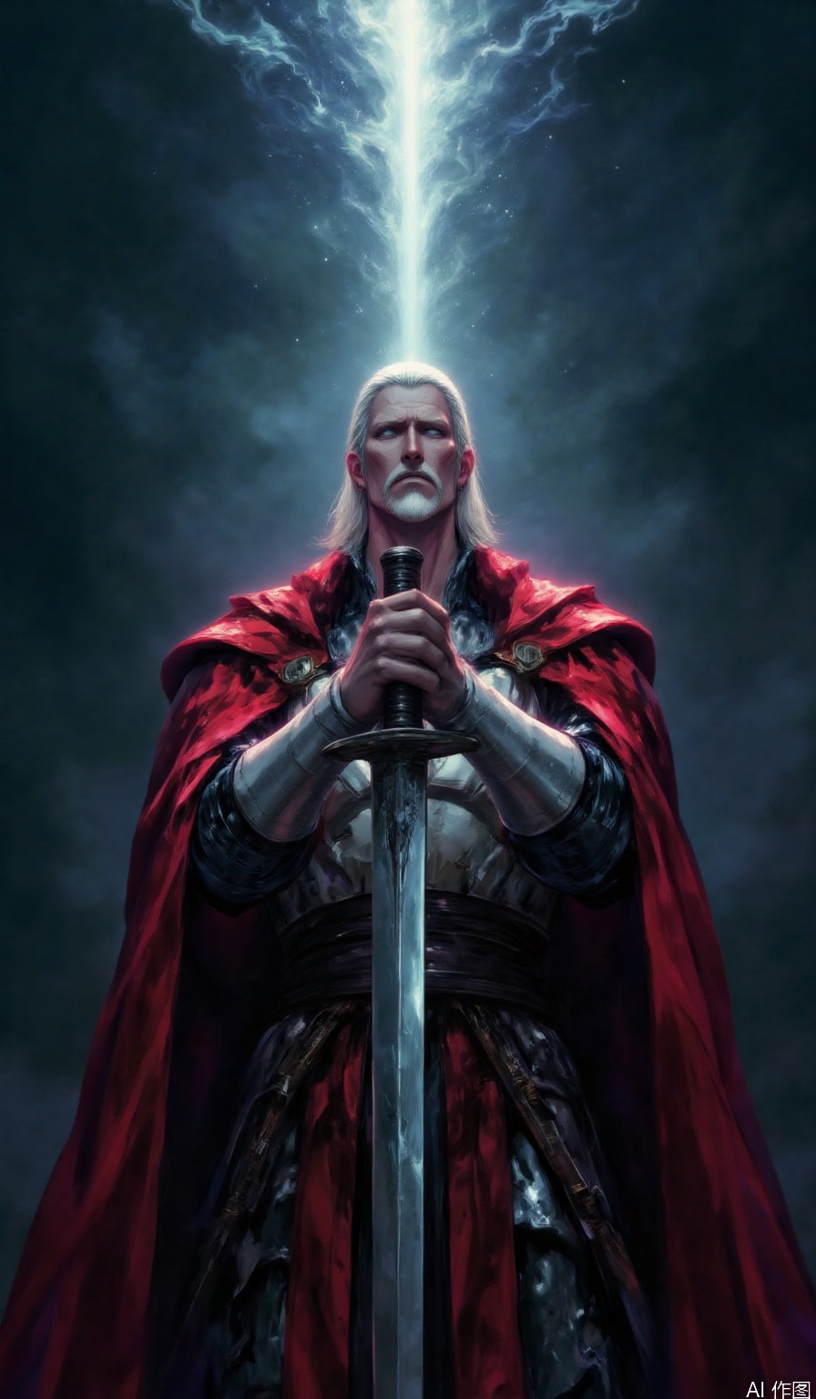 In a sweeping ultra-wide angle overhead view, a heroic figure stands poised for adventure against a backdrop of darkened night. The human hero, clad in gleaming white armor and a flowing red cloak, holds aloft a mighty sword as a beam of sacred light illuminates his upturned face from above. His features are sharply focused, bathed in the radiant glow, as if anointed by the heavens for his impending quest,TT,

depth of field,light particles,lens flare,(artist:quasarcake:0.8),extreme aesthetic,(wlop:0.6),wanke,rella,wanke,masterpiece,best quality,good quality,newest,year 2024,year 2023,very aesthetic,absurdres,Visual impact,Electromotive force,perspective composition,A shot with tension,ultra-high resolution,32K UHD,sharp focus,best quality,masterpiece,Emotionalization masterpiece,unconventional supreme,masterful details,with a high end texture,in the style of fashion photography,(Visual impact:1.2),giving the poster a dynamic and visually striking appearance,impactful picture,offcial art,colorful,splash of color,movie perspective,masterpiece,best quality,amazing quality,very aesthetic,absurdres,best quality,newest,masterpiece,best quality,good quality,