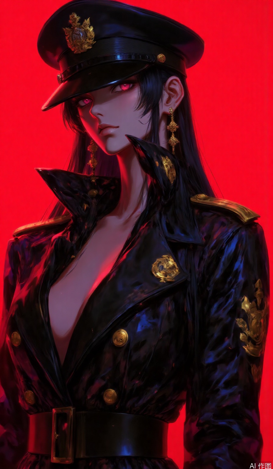 mature,glamor,black long hair,red background,backlight,Black long hair,senior sister,red colored pupils,blue colored pupils,black military uniform,black military hat,black military boots,military uniform with gold decoration,medals,facial lighting,military dress,model,model fashion pose,

depth of field,light particles,lens flare,(artist:quasarcake:0.8),extreme aesthetic,(wlop:0.6),wanke,rella,wanke,masterpiece,best quality,good quality,newest,year 2024,year 2023,very aesthetic,absurdres,Visual impact,Electromotive force,perspective composition,A shot with tension,ultra-high resolution,32K UHD,sharp focus,best quality,masterpiece,Emotionalization masterpiece,unconventional supreme,masterful details,with a high end texture,in the style of fashion photography,(Visual impact:1.2),giving the poster a dynamic and visually striking appearance,impactful picture,offcial art,colorful,splash of color,movie perspective,masterpiece,best quality,amazing quality,very aesthetic,absurdres,best quality,newest,masterpiece,best quality,good quality,