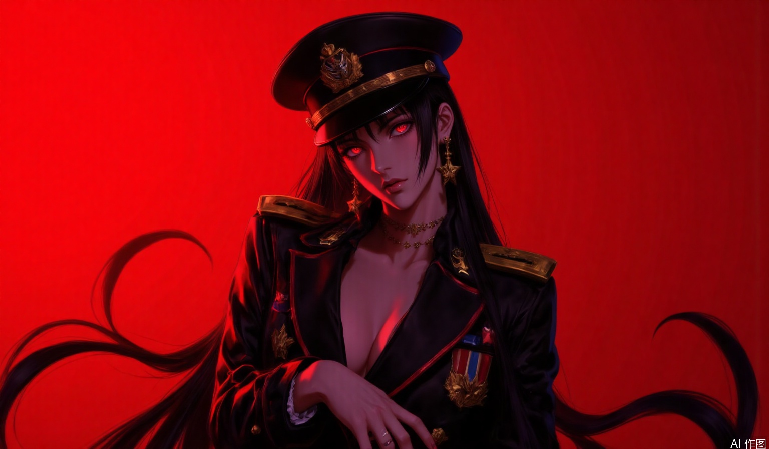 mature,glamor,black long hair,red background,backlight,Black long hair,senior sister,red colored pupils,blue colored pupils,black military uniform,black military hat,black military boots,military uniform with gold decoration,medals,facial lighting,military dress,model,model fashion pose,

depth of field,light particles,lens flare,(artist:quasarcake:0.8),extreme aesthetic,(wlop:0.6),wanke,rella,wanke,masterpiece,best quality,good quality,newest,year 2024,year 2023,very aesthetic,absurdres,Visual impact,Electromotive force,perspective composition,A shot with tension,ultra-high resolution,32K UHD,sharp focus,best quality,masterpiece,Emotionalization masterpiece,unconventional supreme,masterful details,with a high end texture,in the style of fashion photography,(Visual impact:1.2),giving the poster a dynamic and visually striking appearance,impactful picture,offcial art,colorful,splash of color,movie perspective,masterpiece,best quality,amazing quality,very aesthetic,absurdres,best quality,newest,masterpiece,best quality,good quality,
