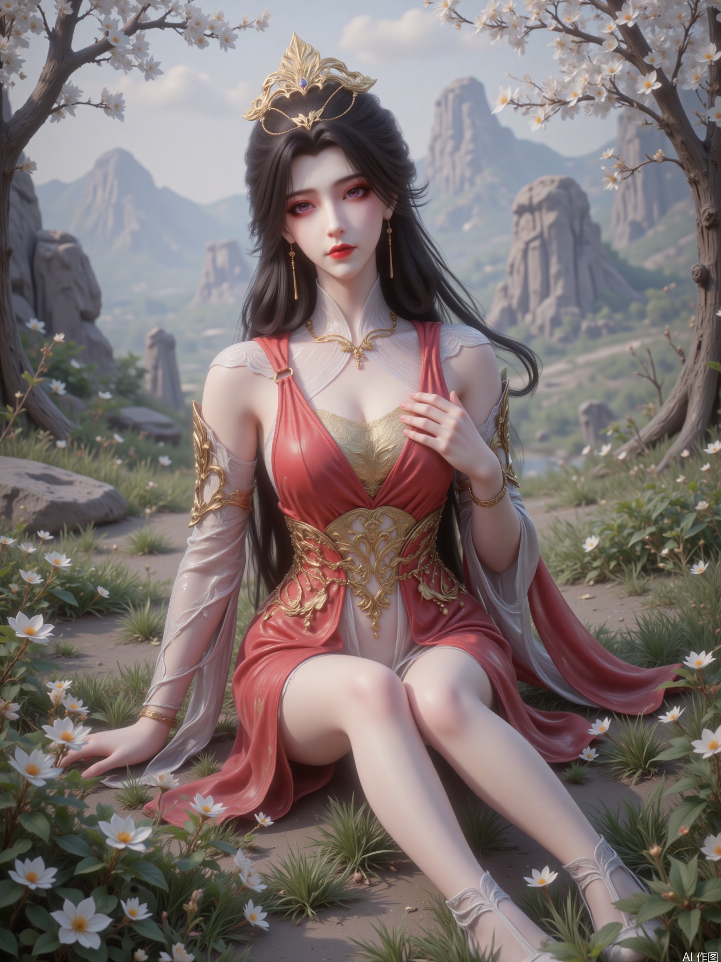 "The picture shows a woman with long black hair. This is her full body photo. She has pink eyes and pink red lips, delicate makeup, three-dimensional facial features, with golden headdress and earrings. Her overall image is sweet and sexy. She wore a gorgeous long dress, red and gold in color, with exquisite accessories, a conspicuous red belt across her chest and white shoes on her feet She lay lazily in the flowers, with one hand naturally placed on her chest, her legs straightened, her body stretched, and her eyes looked at the camera, revealing a lazy and charming temperament. It is a realistic style, and the facial details, hair, clothing textures, etc. of the characters are delicately portrayed. The texture is excellent, the color combination is harmonious and vivid, and the picture is real and vivid. The background is a natural scene full of fairy tale artistic conception, with trees full of white flowers, blooming on the branches and falling in the wind. In the distance are mountains shrouded in mist, with strange rock shapes and vegetation covering them. The overall background creates an extraordinary, mysterious and distant atmosphere. "

