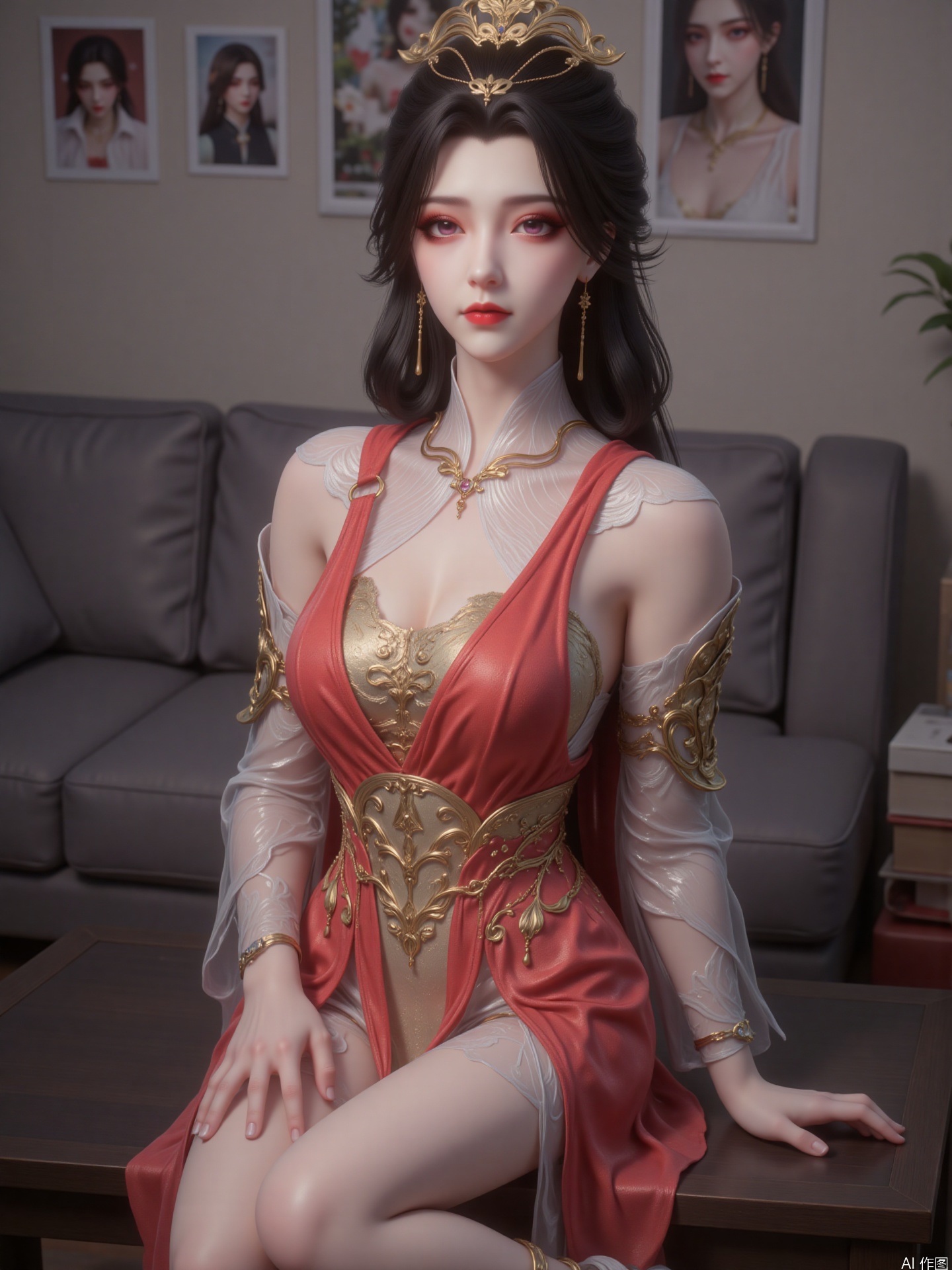 "The picture shows a woman with long black hair. This is her full body photo. She has pink eyes and pink red lips, delicate makeup, three-dimensional facial features, with golden headdress and earrings. Her overall image is sweet and sexy. She wore a gorgeous long dress, red and gold in color, with exquisite accessories, a conspicuous red belt across her chest and white shoes on her feet She sat on a dark table, her legs were slightly bent together, her hands were naturally placed on her legs, her body leaned forward slightly, her head was raised to look at the camera, her posture was relaxed, and her eyes were calm. It is a realistic style, and the facial details, hair, clothing textures and accessories of the characters are depicted in a highly detailed manner. The texture is excellent, the color combination is harmonious, the picture is real and full of lifestyle. The background is an indoor scene, with some posters and photos posted on the wall, and gray sofas and stacked books next to it, creating a homely and literary environment that fits the characters' casual outfits. "

