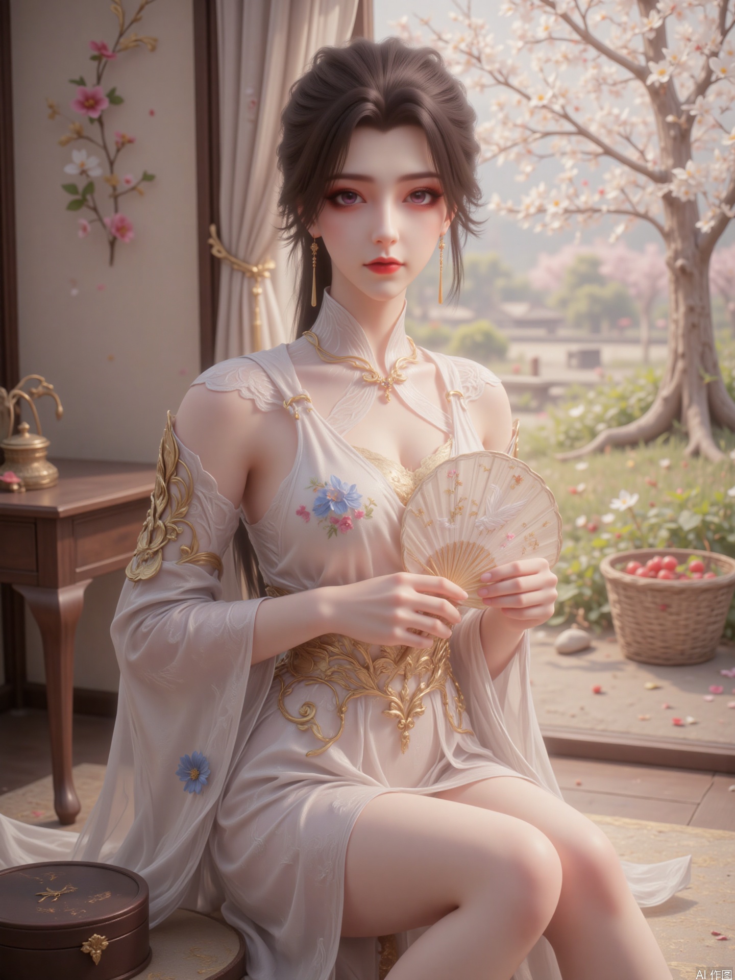 The image depicts a person dressed in traditional Japanese attire, specifically a kimono, sitting at a low table. The kimono is predominantly white with gold and blue floral patterns. The person is holding a round, hand-held fan with a design featuring a white bird and some colorful elements. The setting is elegant and serene, with a soft, warm light illuminating the scene. The background includes a curtain with delicate floral embroidery and a window with a view of a traditional Japanese garden, featuring a tree with white blossoms and a basket filled with red berries. The table in front of the person has a few items on it, including a round, dark wooden box and a rectangular, dark brown object, possibly a book or a box. The overall atmosphere is calm and reflective, with a touch of traditional Japanese aesthetics.

