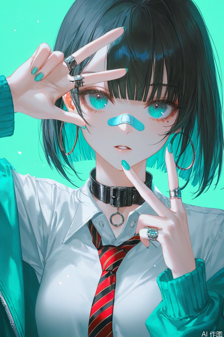depth of field,light particles,lens flare,(artist:quasarcake:0.8),extreme aesthetic,(wlop:0.6),wanke,rella,wanke,masterpiece,best quality,good quality,newest,year 2024,year 2023,very aesthetic,absurdres,Visual impact,Electromotive force,perspective composition,A shot with tension,ultra-high resolution,32K UHD,sharp focus,best quality,masterpiece,Emotionalization masterpiece,unconventional supreme,masterful details,with a high end texture,in the style of fashion photography,(Visual impact:1.2),giving the poster a dynamic and visually striking appearance,impactful picture,offcial art,colorful,splash of color,movie perspective,masterpiece,best quality,amazing quality,very aesthetic,absurdres,best quality,newest,masterpiece,best quality,good quality,
bandaid,1girl,bandaid on face,solo,shirt,bandaid on nose,bandaid on hand,jewelry,necktie,earrings,jacket,collared shirt,looking at viewer,striped necktie,simple background,aqua nails,short hair,aqua background,nail polish,red necktie,aqua jacket,parted lips,upper body,black hair,aqua theme,collar,white shirt,long sleeves,off shoulder,choker,ring,w,green nails,aqua eyes,belt collar,mole,mole under eye,open jacket,fingernails,open clothes,single off shoulder,black choker,sidelocks,diagonal-striped clothes,striped clothes,green jacket,green background,blue eyes,v,black collar,diagonal-striped necktie,blue jacket,hands up,bob cut,blue nails,hoop earrings,