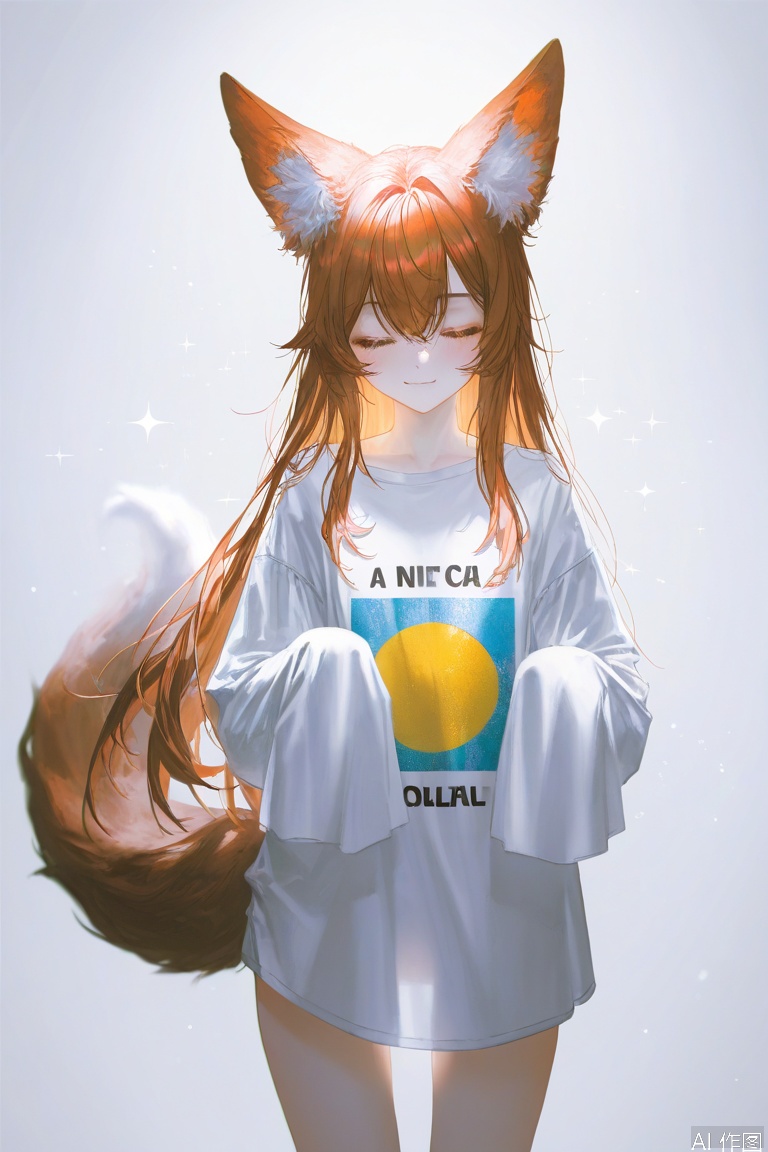 depth of field,light particles,lens flare,(artist:quasarcake:0.8),extreme aesthetic,(wlop:0.6),wanke,rella,wanke,masterpiece,best quality,good quality,newest,year 2024,year 2023,very aesthetic,absurdres,Visual impact,Electromotive force,perspective composition,A shot with tension,ultra-high resolution,32K UHD,sharp focus,best quality,masterpiece,Emotionalization masterpiece,unconventional supreme,masterful details,with a high end texture,in the style of fashion photography,(Visual impact:1.2),giving the poster a dynamic and visually striking appearance,impactful picture,offcial art,colorful,splash of color,movie perspective,masterpiece,best quality,amazing quality,very aesthetic,absurdres,best quality,newest,masterpiece,best quality,good quality,
1girl,animal ears,tail,:3,sparkle,solo,=_=,long hair,simple background,white background,brown hair,oversized clothes,closed eyes,animal ear fluff,fox ears,fox tail,sleeves past fingers,blush,wolf ears,oversized shirt,long sleeves,sleeves past wrists,smile,long shirt,wolf tail,
