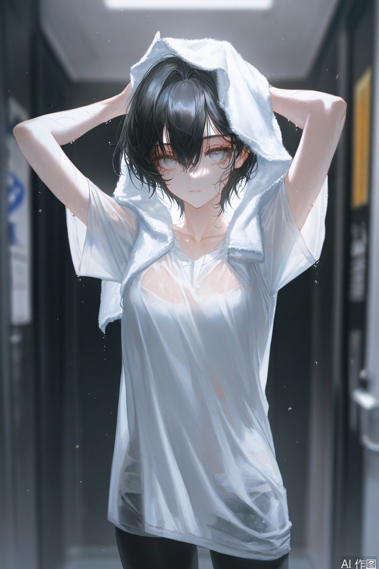 depth of field,light particles,lens flare,(artist:quasarcake:0.8),extreme aesthetic,(wlop:0.6),wanke,rella,wanke,masterpiece,best quality,good quality,newest,year 2024,year 2023,very aesthetic,absurdres,Visual impact,Electromotive force,perspective composition,A shot with tension,ultra-high resolution,32K UHD,sharp focus,best quality,masterpiece,Emotionalization masterpiece,unconventional supreme,masterful details,with a high end texture,in the style of fashion photography,(Visual impact:1.2),giving the poster a dynamic and visually striking appearance,impactful picture,offcial art,colorful,splash of color,movie perspective,masterpiece,best quality,amazing quality,very aesthetic,absurdres,best quality,newest,masterpiece,best quality,good quality,
1girl,solo,looking at viewer,short hair,bangs,shirt,black hair,holding,hair between eyes,closed mouth,standing,collarbone,white shirt,short sleeves,signature,blurry,arms up,wet,grey eyes,blurry background,towel,wet clothes,drying,drying hair,