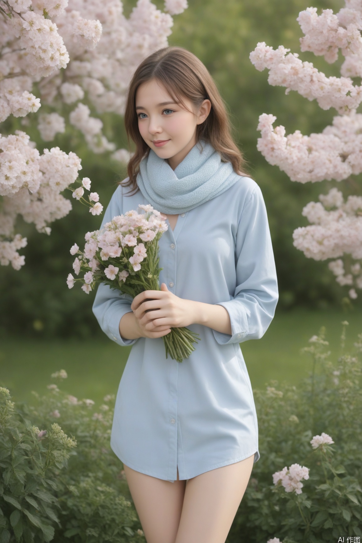 Ultra high quality, masterpiece, ultra high resolution, (photorealistic:1.3), realistic skin texture, A photo with a sense of atmosphere, The image shows a young woman standing outdoors, with a blurred green background suggesting a natural setting, possibly a park or garden. She has long, wavy brown hair that cascades over her shoulders. She is wearing a light blue button-up shirt with a grey scarf tied around her neck. In her hands, she holds a small bouquet of flowers, which includes green foliage and some pink blossoms. The overall mood of the image is serene and pleasant, with natural lighting enhancing the soft and gentle appearance of the scene.