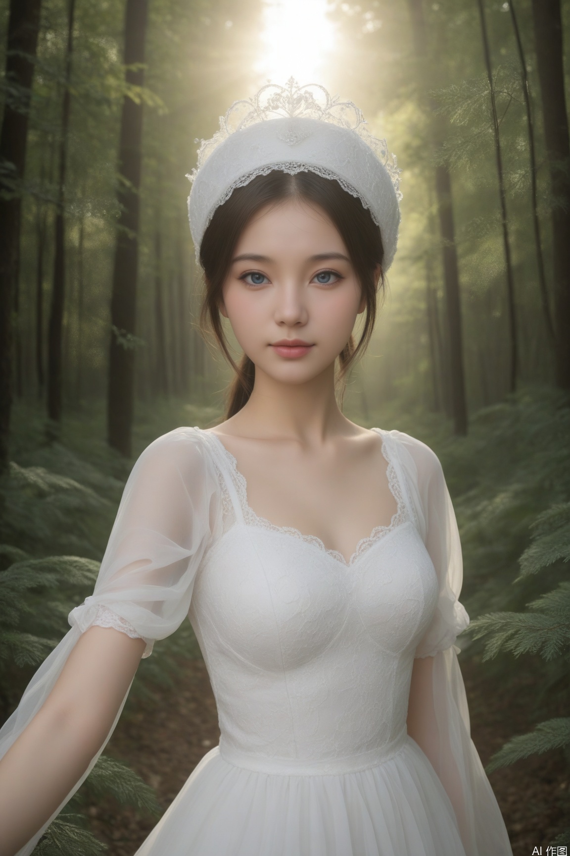 Ultra high quality, masterpiece, ultra high resolution, (photorealistic:1.3), realistic skin texture, ray traced, A hyper realistic ultra detailed, ultrarealistic,cute,petite body,perky boobs,slender,innocence, slender_waist,love,tightly cropped composition,detailed and intricate environment,A beautiful and youthful Chinese model, 21 years old, showcases her striking looks with a slender body, perfect face, exquisite eyes, and luscious lips., A highly detailed photorealistic portrait of an enigmatic woman in her forties with gentle blue eyes and delicate freckles, wearing a vintage-inspired hat adorned with intricate lace. The unique perspective captures her silhouette from below, framing her face against the soft glow of dusk light filtering through a dense forest canopy. This captivating image seamlessly blends classical realism with subtle surreal elements, evoking an emotional gradient that fluctuates between tranquility and introspection as one delves deeper into her mysterious gaze.