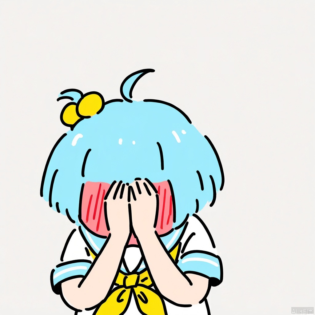 sketches,flat color,chibi,
1girl,solo,blush,hair ornament,school uniform,ahoge,blue hair,serafuku,covering face,white background,simple background,upper body,hair bobbles,full-face blush,short hair,yellow neckerchief,short sleeves,embarrassed,shirt,white background,simple background,