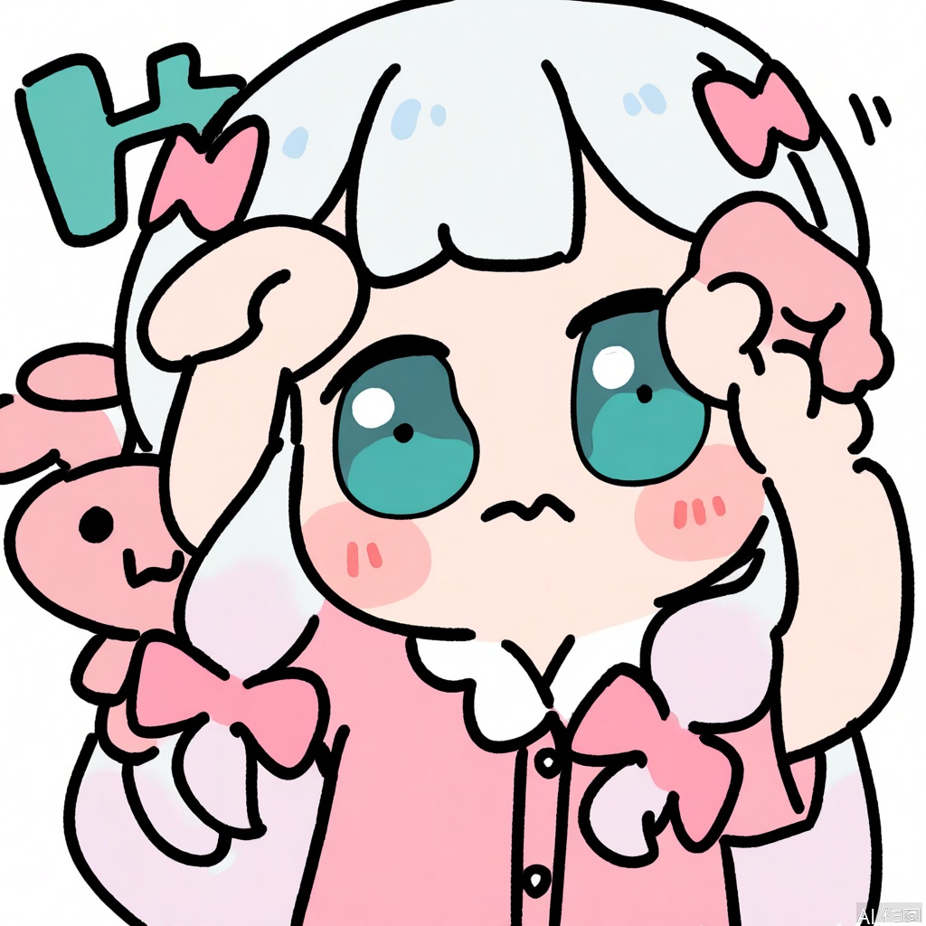 sketches,flat color,
chibi,1girl,solo,long hair,izumi sagiri,pajamas,blush,stretching,arms up,looking at viewer,white hair,wavy mouth,upper body,short sleeves,closed mouth,bangs,aqua eyes,stuffed animal,stuffed toy,white background,simple background,
