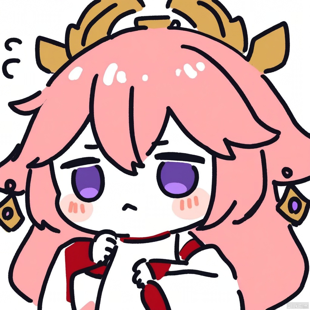 sketches,flat color,
white background,sketch,1girl,solo,yae miko,pink hair,purple eyes,long hair,white background,flying sweatdrops,simple background,detached sleeves,chibi,bangs,upper body,japanese clothes,hands up,hair between eyes,animal ears,long sleeves,:<,nontraditional miko,wide sleeves,bare shoulders,blush,hair ornament,closed mouth,