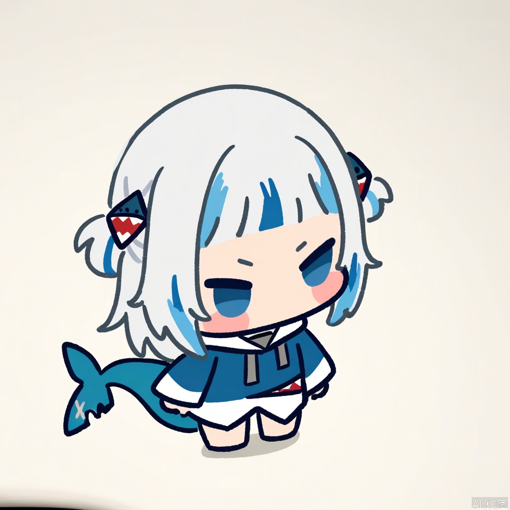 sketches,flat color,chibi,
1girl, gawr gura, virtual youtuber, tail, fish tail, shark tail, solo, blue eyes, multicolored hair, grey hair, full body, blue hair, streaked hair, bangs, hair ornament, shark hair ornament, two side up, white background, hood, blunt bangs, shark girl, hoodie, simple background, blue hoodie,