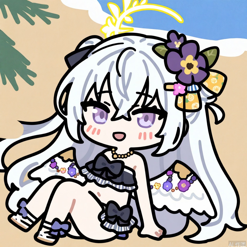 sketches,flat color,chibi,
1girl,solo,hair ornament,azusa (blue archive),swimsuit,hair flower,bikini,long hair,flower,necklace,jewelry,frilled bikini,looking at viewer,frills,hair between eyes,blush,open mouth,purple eyes,smile,wings,halo,bow,bead necklace,strapless,beads,ahoge,bare shoulders,strapless bikini,outdoors,purple flower,official alternate costume,knees up,crossed bangs,white hair,