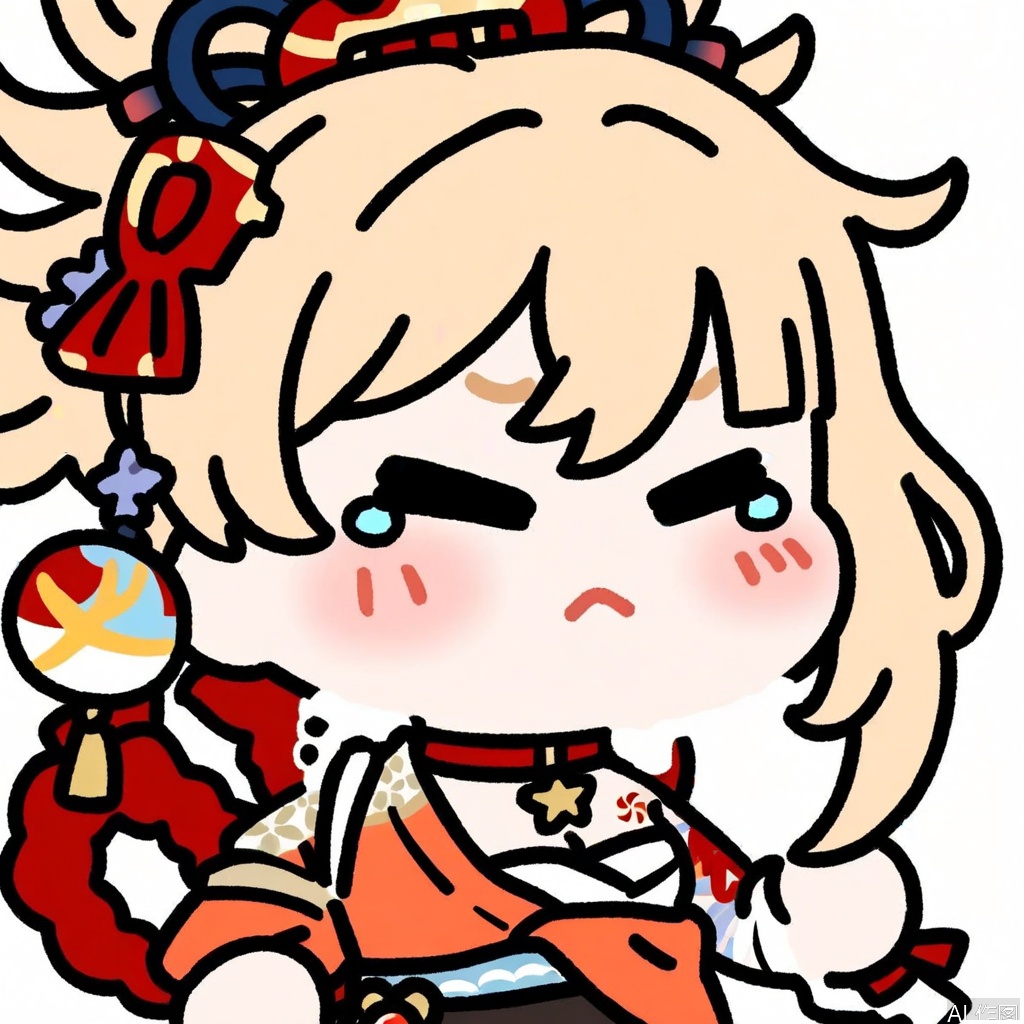sketches,flat color,chibi,
1girl,yoimiya (genshin impact),sarashi,solo,hadanugi dousa,choker,chest tattoo,bangs,cleavage,tattoo,japanese clothes,simple background,breasts,closed eyes,hair ornament,tears,chibi,hair between eyes,collarbone,red choker,kimono,sidelocks,blush,shimenawa,blonde hair,rope,arm tattoo,crying,upper body,bandages,long hair,tearing up,white background,