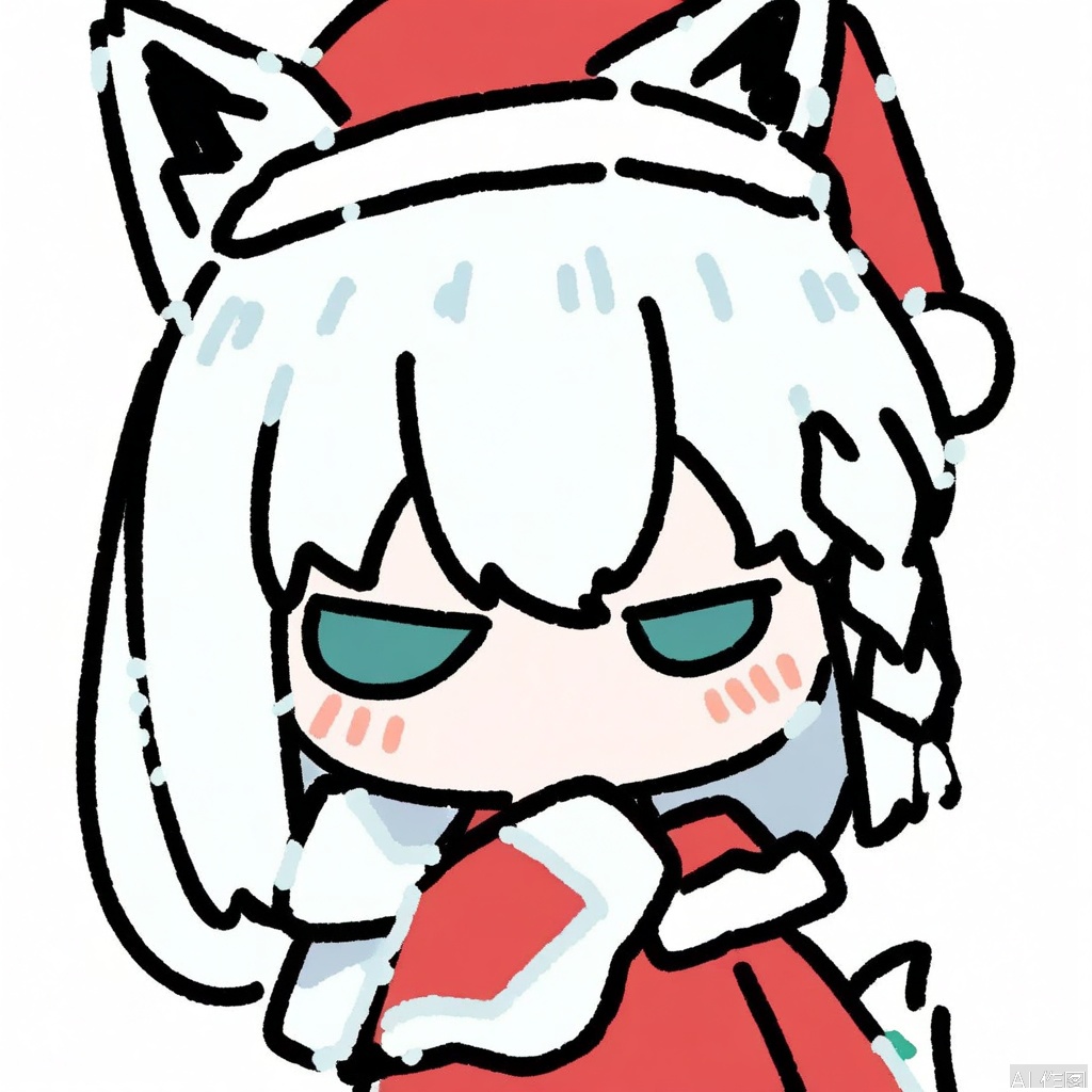 sketches,flat color,chibi,
1girl,hololive,shirakami fubuki,santa costume,shy,looking away,angry,white_background,upper_body,