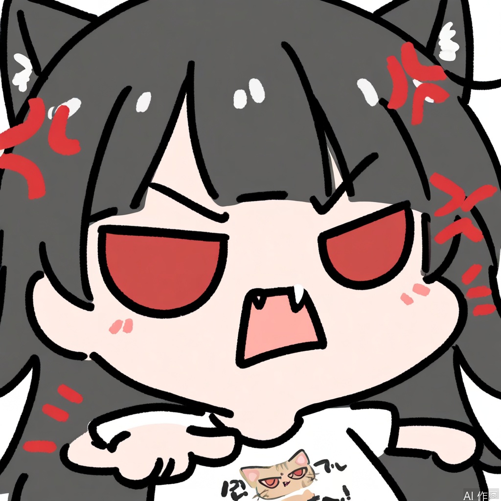 sketches,flat color,
white background, 1girl,shirt,solo,red eyes,white shirt,animal ears,white background,fang,black hair,open mouth,simple background,long hair,bangs,anger vein,short sleeves,chibi,cat ears,upper body,hair ornament,pointing,skin fang,v-shaped eyebrows,sidelocks,print shirt,