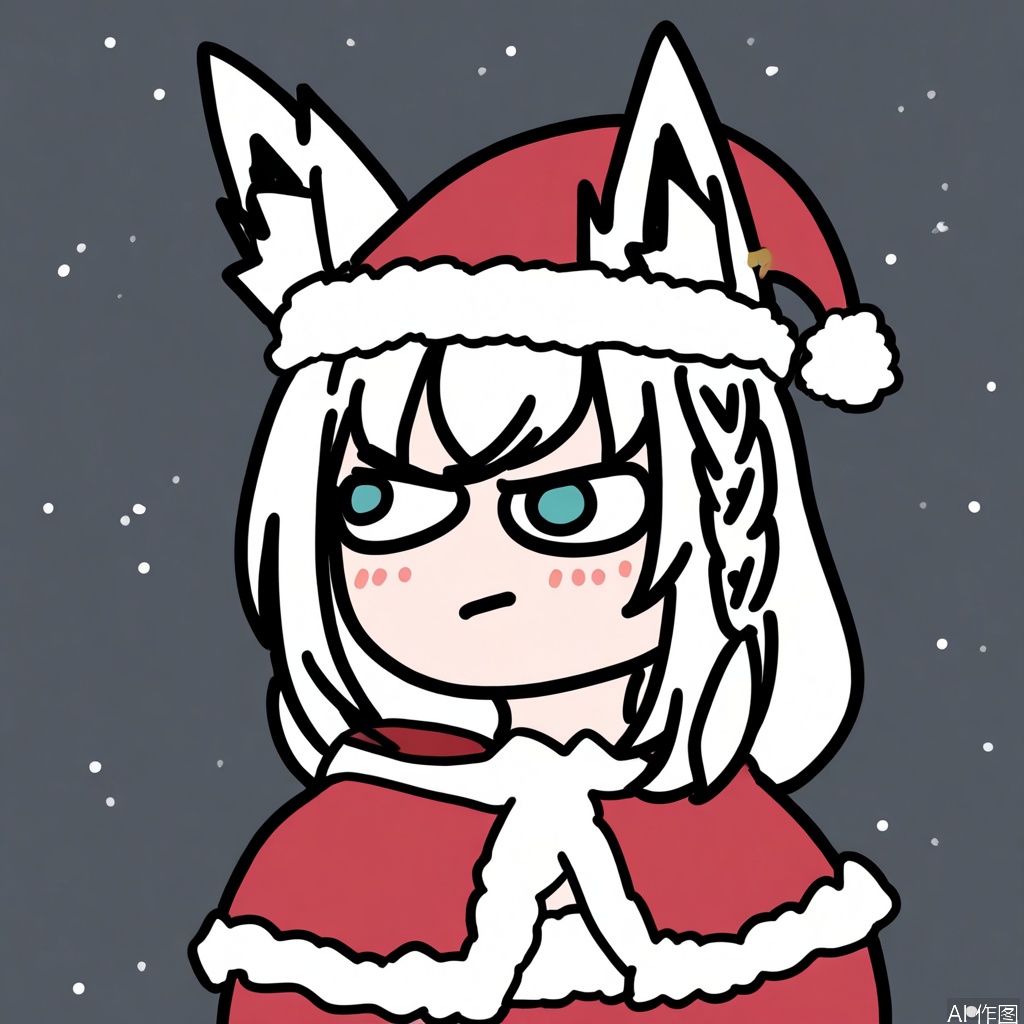 sketches,flat color,
1girl,hololive,shirakami fubuki,santa costume,shy,looking away,angry,white_background,upper_body,
