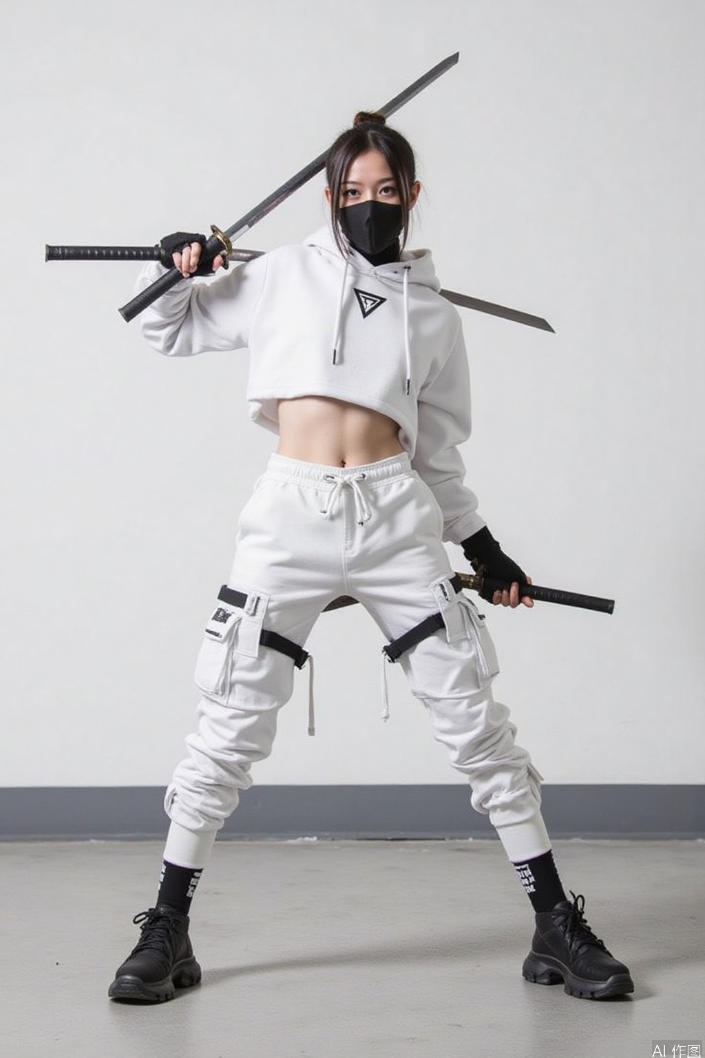 Knife-wielding beauty
The image shows a person dressed in a futuristic
tactical outfit
holding two swords. The outfit consists of a cropped white hoodie with a black triangle logo
white cropped pants with multiple utility pockets
and black high-top sneakers. The person is also wearing black fingerless gloves and a black mask covering the lower half of their face. The background is a plain
light-colored wall
and the floor appears to be a smooth
gray surface. The person is posed in a dynamic stance
with one leg slightly bent and the other straight
holding the swords in a ready position. The overall aesthetic is modern and edgy
with a strong emphasis on utility and combat-ready gear.
