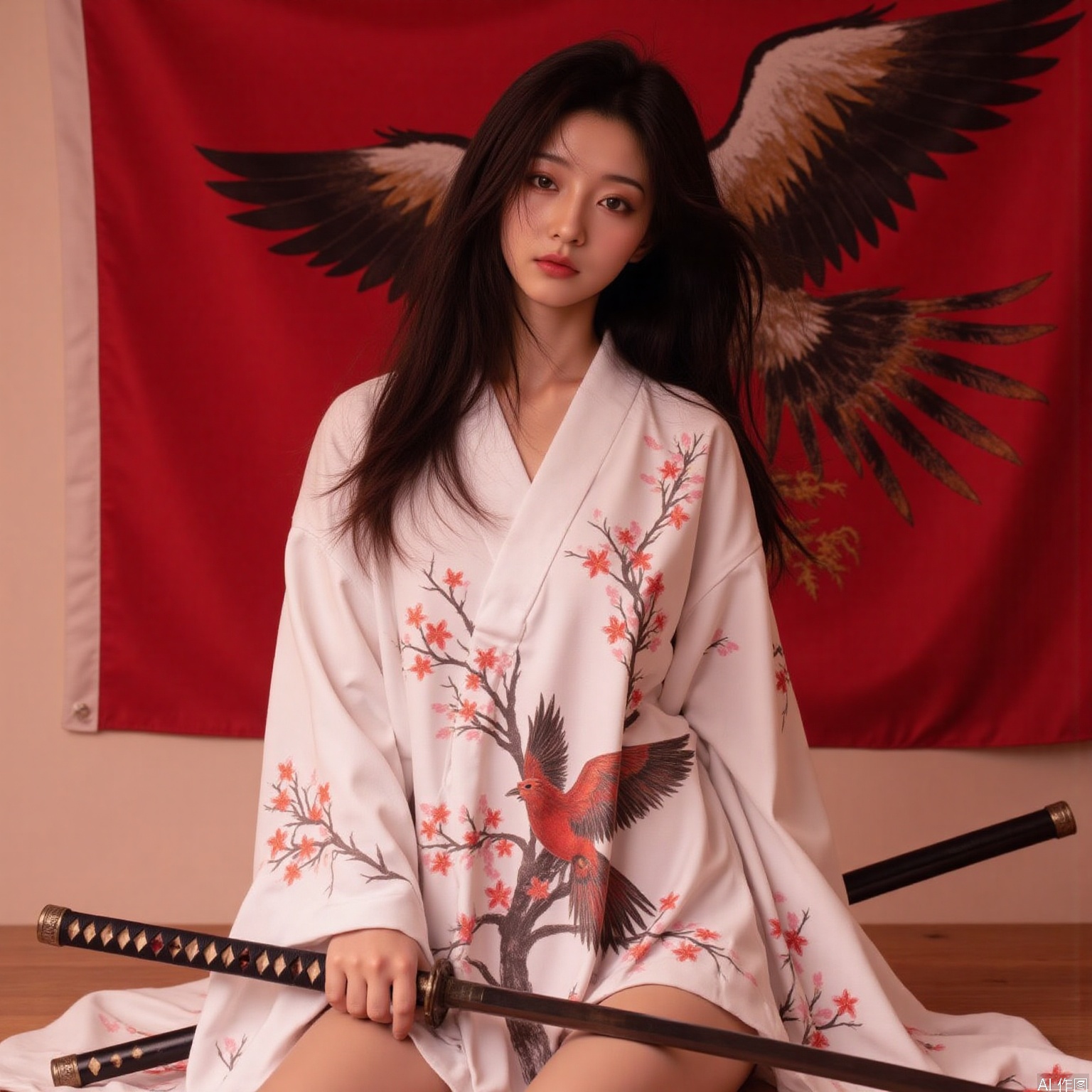 Knife-wielding beauty
The image depicts a person dressed in traditional Japanese attire
specifically a kimono adorned with intricate cherry blossom designs and a large bird motif. The kimono is white with red and pink cherry blossoms
and the person is holding a katana sword
which is partially visible. The background features a large red flag with a detailed depiction of a bird in flight
adding a dramatic and cultural atmosphere to the scene. The overall composition suggests a blend of traditional Japanese aesthetics with a modern artistic approach.